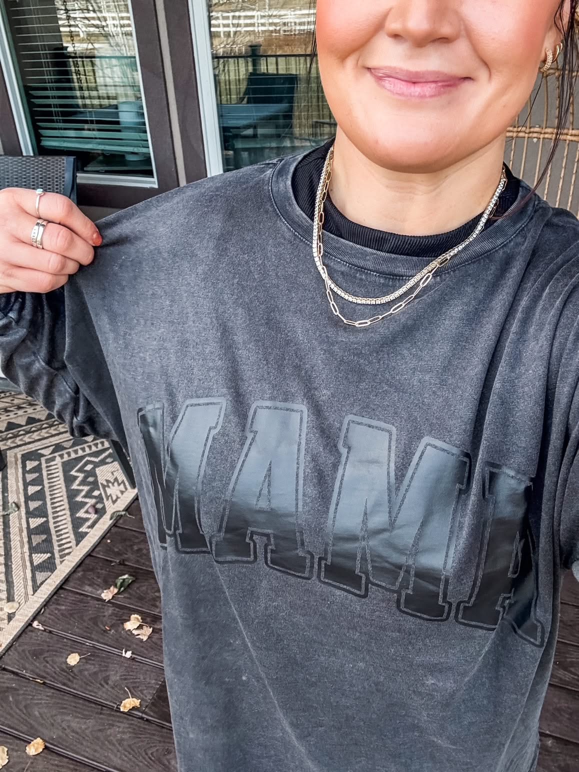 Oversized Big Tee with “MAMA” graphic in  black on model - Little Mama Shirt Shop