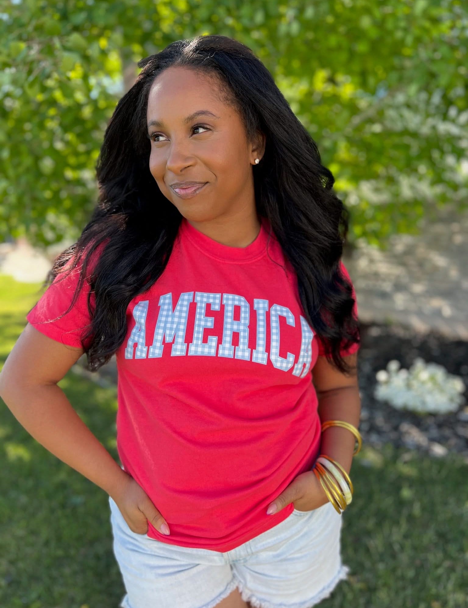 AMERICA Gingham Tee - Red White & Blue Patriotic Comfort Colors Shirt | Little Mama Shirt Shop Little Mama Shirt Shop LLC