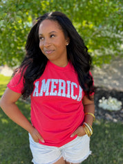 AMERICA Gingham Tee - Red White & Blue Patriotic Comfort Colors Shirt | Little Mama Shirt Shop Little Mama Shirt Shop LLC