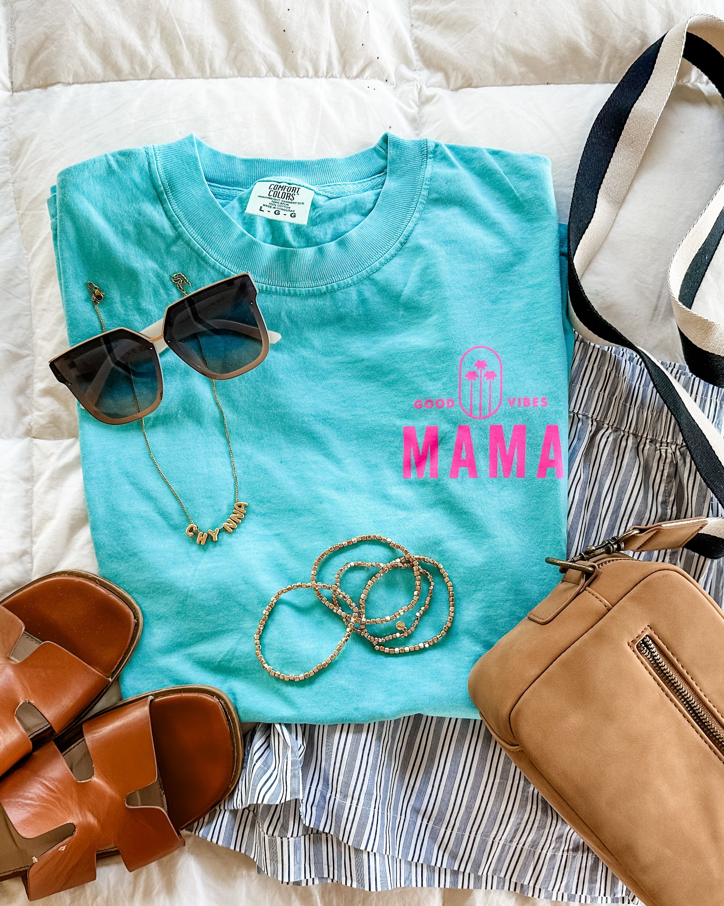 Good Vibes Mama & 3 Palm Trees (pf & b) - Comfort Colors Tee Little Mama Shirt Shop