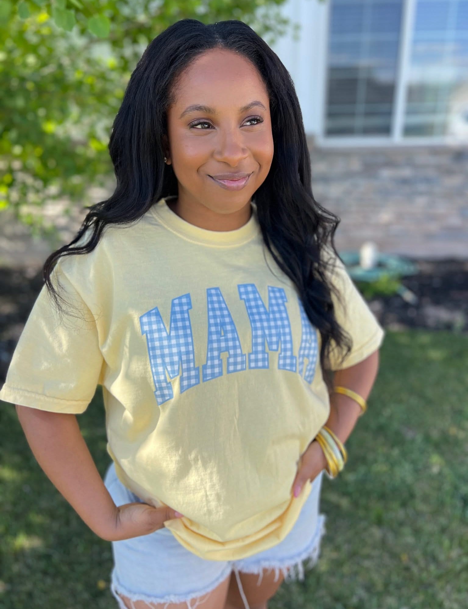 Choose Your Mom Name - Blue Gingham Print - Comfort Colors Tee Little Mama Shirt Shop LLC