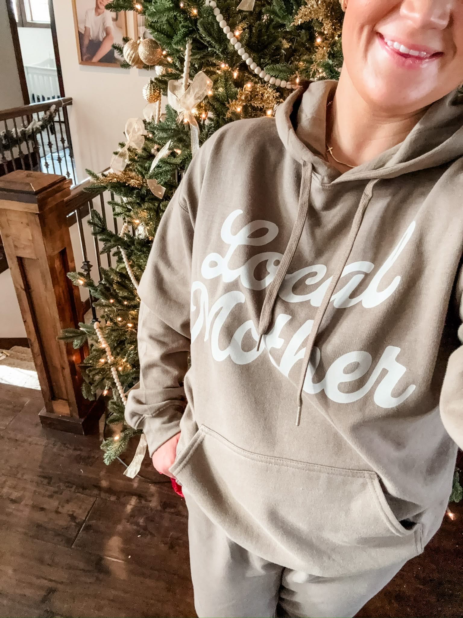 Sweatshirt in brown with 'Local Mother' graphic as seen on model - Little Mama Shirt Shop