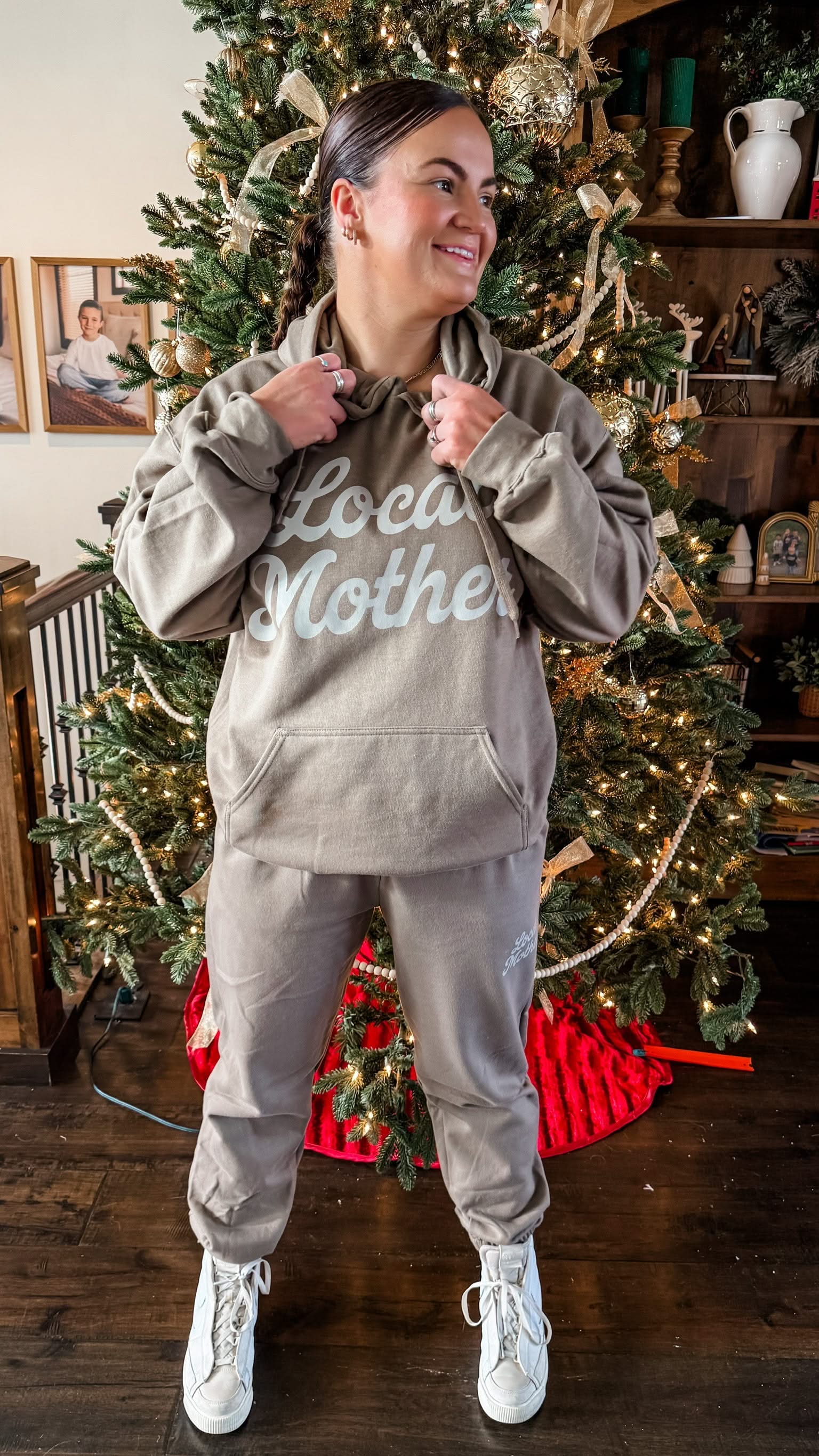Sweatshirt and Joggers in brown with 'Local Mother' graphic as seen on model - Little Mama Shirt Shop
