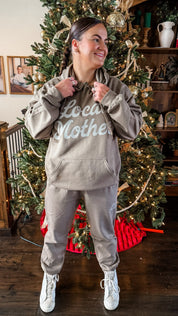 Sweatshirt and Joggers in brown with 'Local Mother' graphic as seen on model - Little Mama Shirt Shop