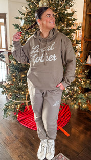 Sweatshirt and Joggers in brown with 'Local Mother' graphic as seen on model - Little Mama Shirt Shop