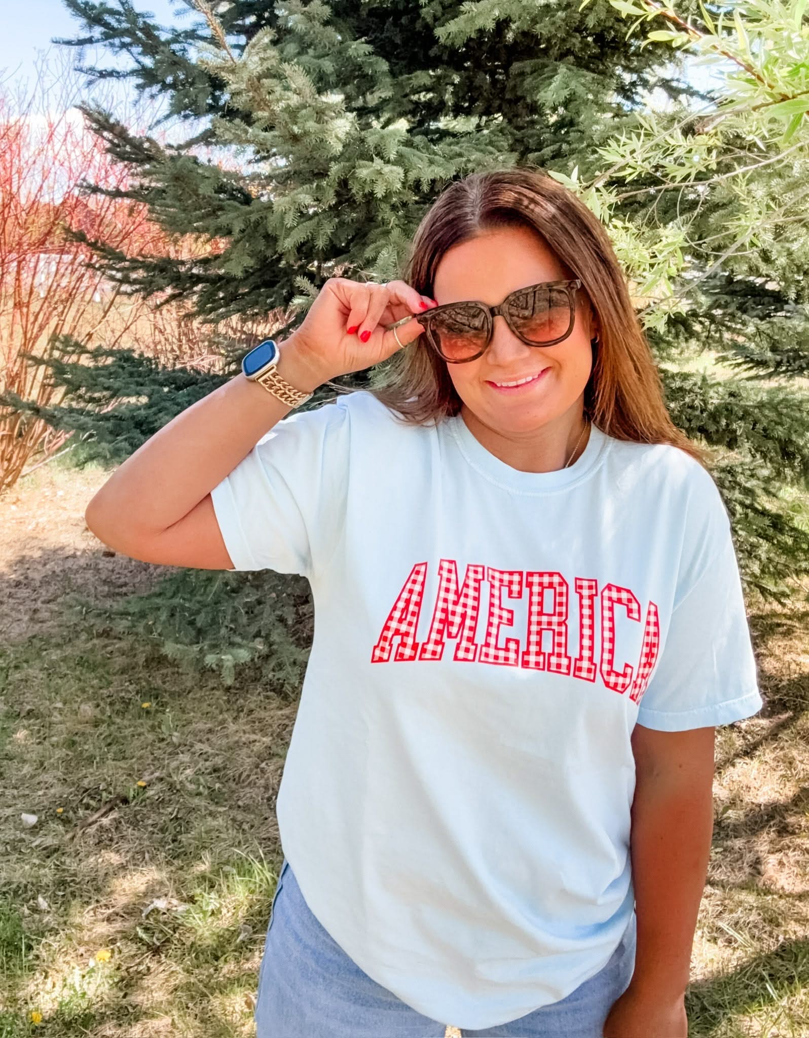 AMERICA Gingham Tee - Red White &amp; Blue Patriotic Comfort Colors Shirt | Little Mama Shirt Shop Little Mama Shirt Shop LLC
