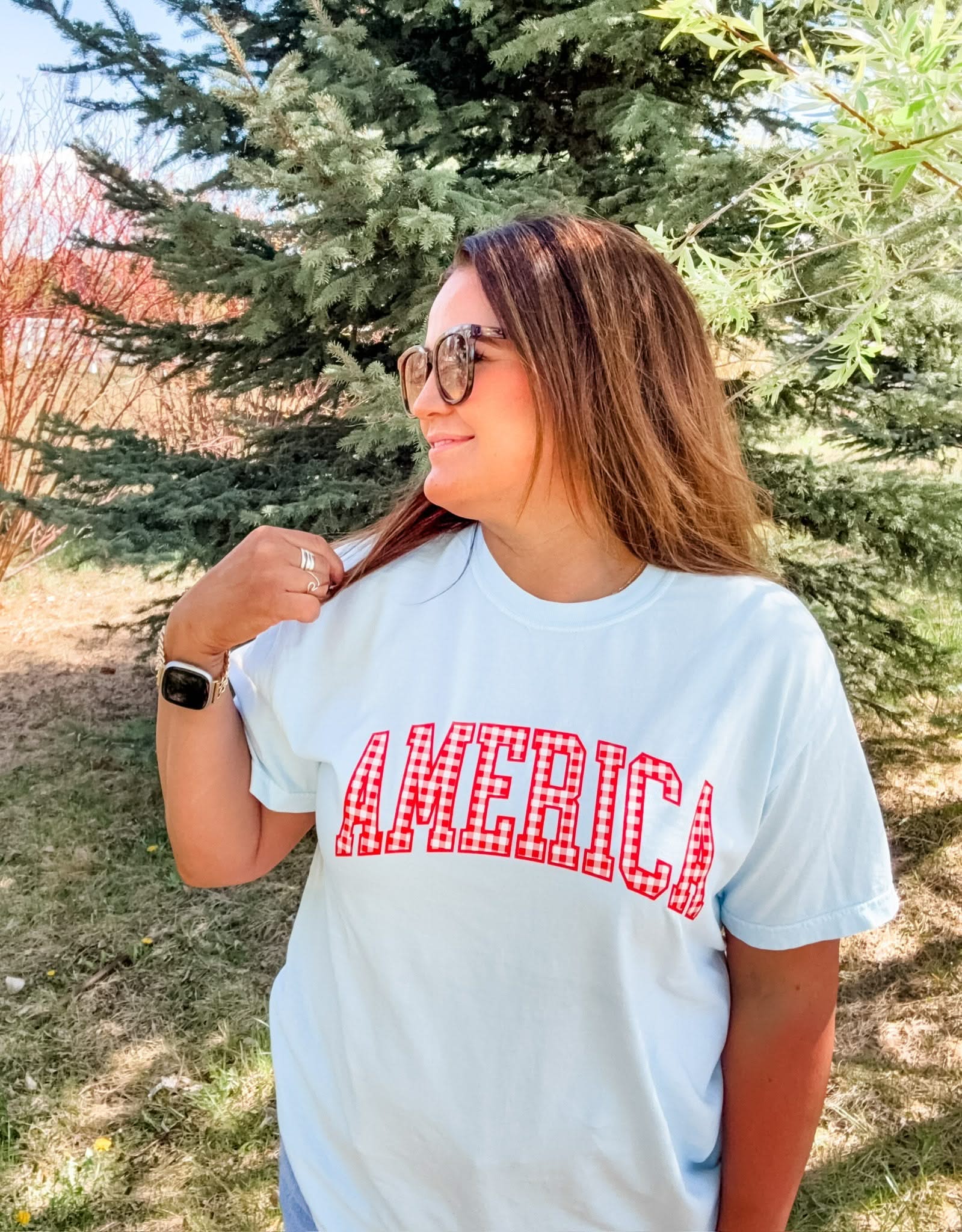 AMERICA Gingham Tee - Red White & Blue Patriotic Comfort Colors Shirt | Little Mama Shirt Shop Little Mama Shirt Shop LLC