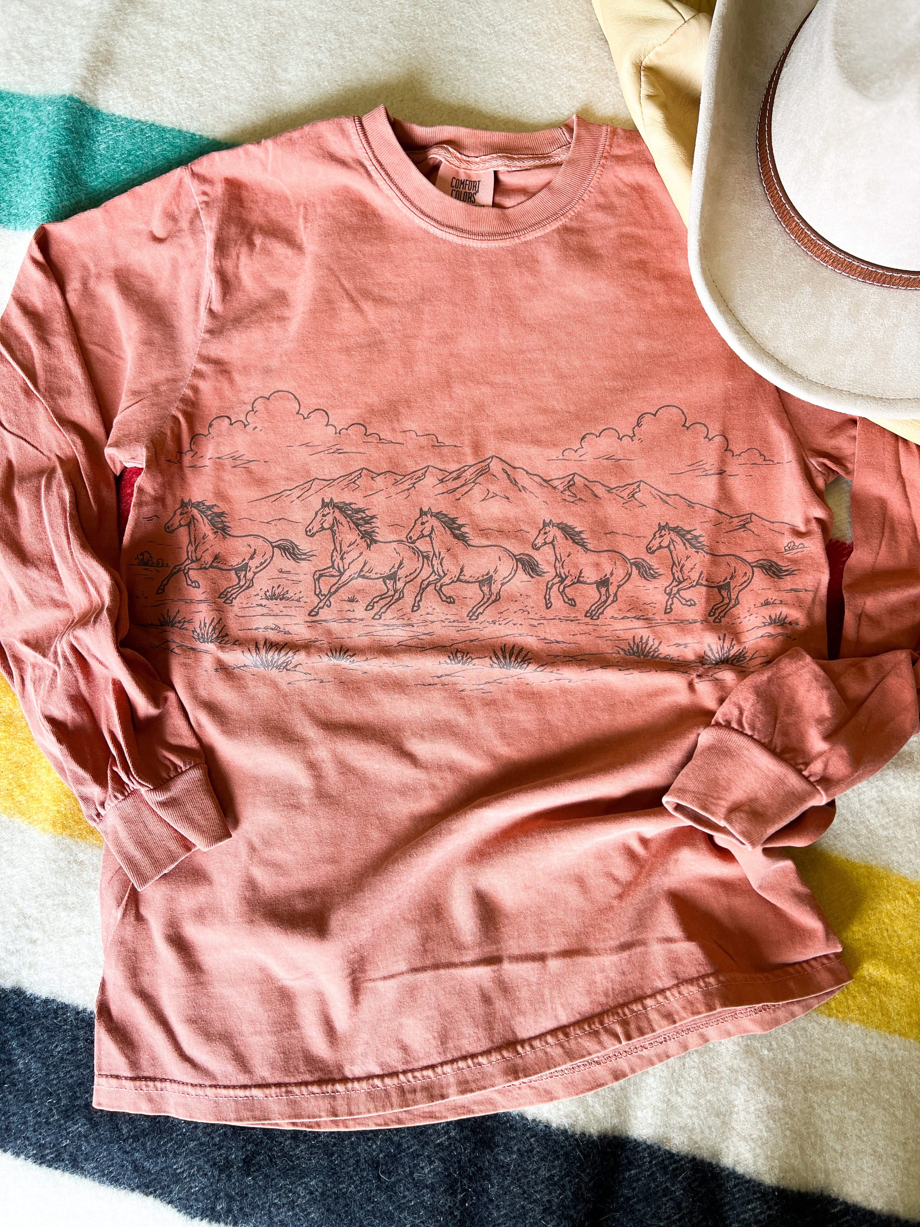 Western Horse Print | Adult Comfort Colors Long Sleeve Tee | Western Shirt Little Mama Shirt Shop LLC