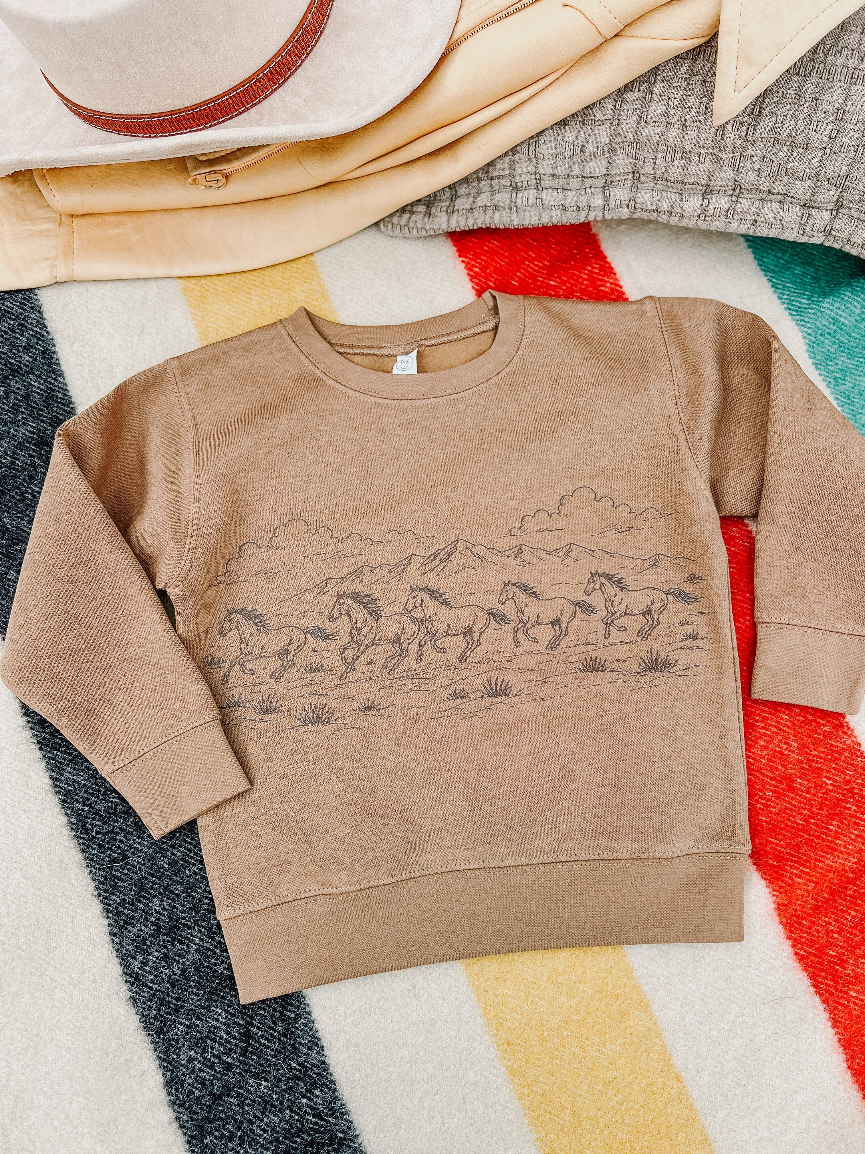 Western Horse Print | Child Crewneck Sweatshirt | Kids Western Pullover Little Mama Shirt Shop LLC