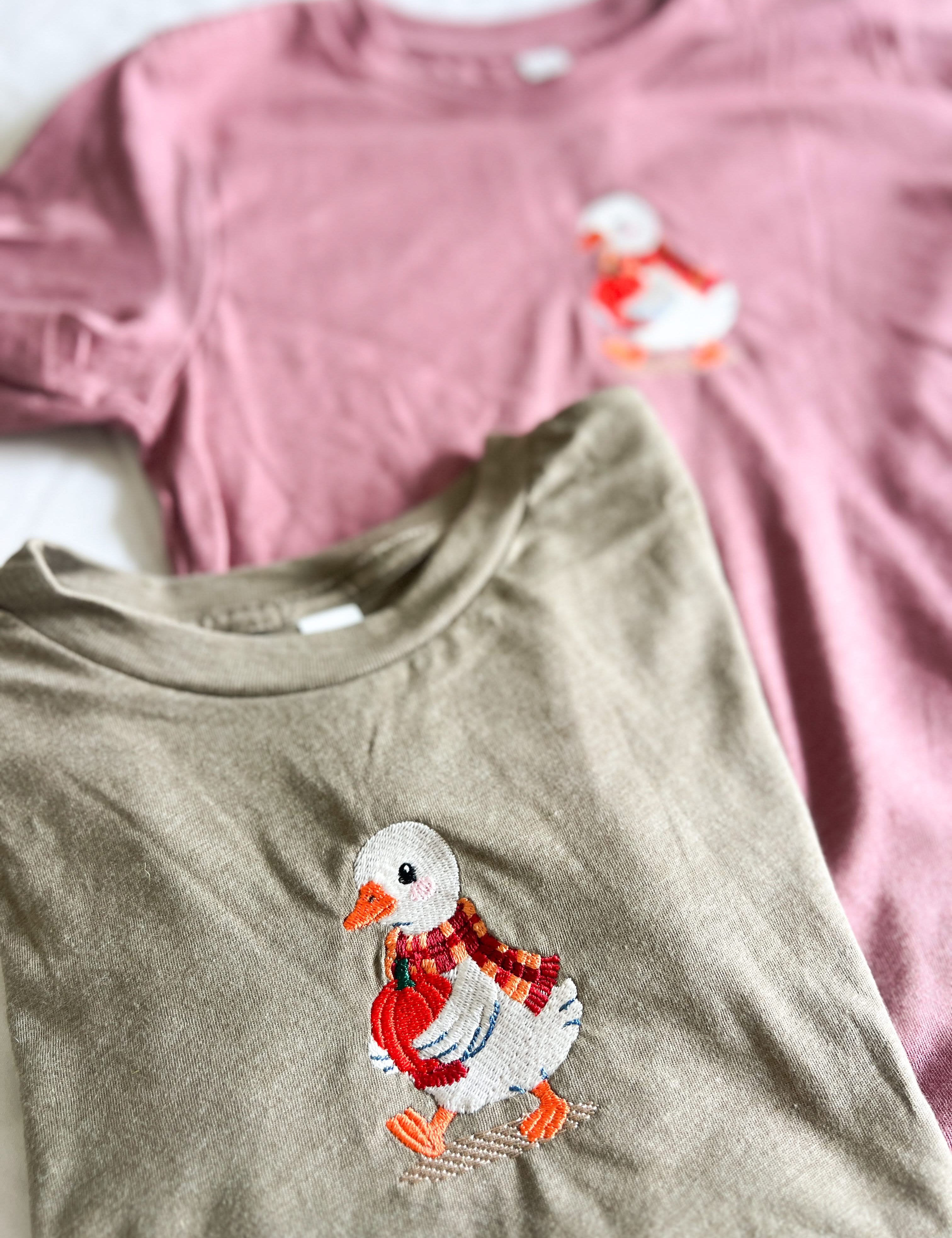 Autumn Duck with Pumpkin | Child Embroidered Tee | Kids Fall Shirt Little Mama Shirt Shop LLC