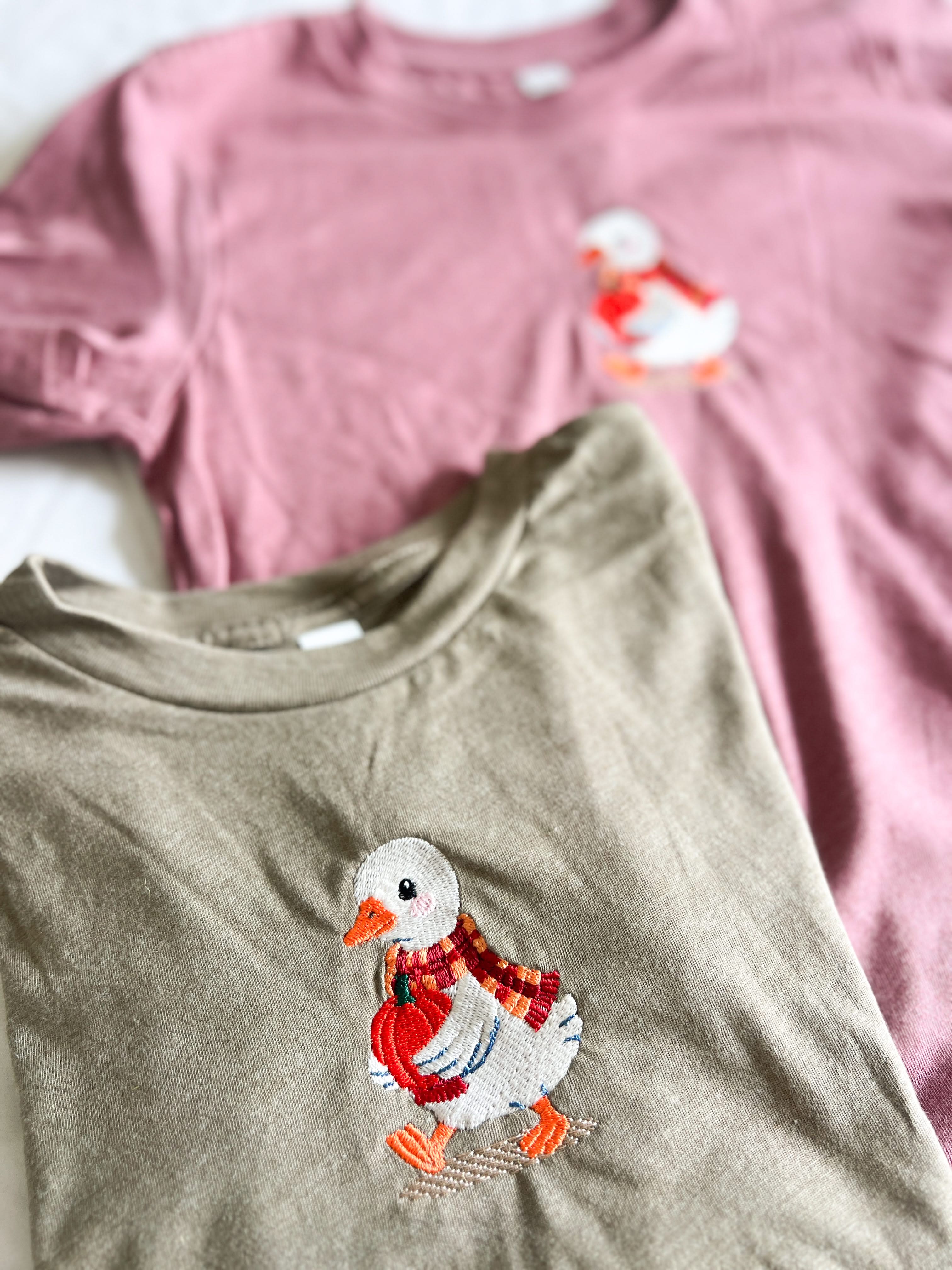 Autumn Duck with Pumpkin | Child Embroidered Tee | Kids Fall Shirt Little Mama Shirt Shop LLC