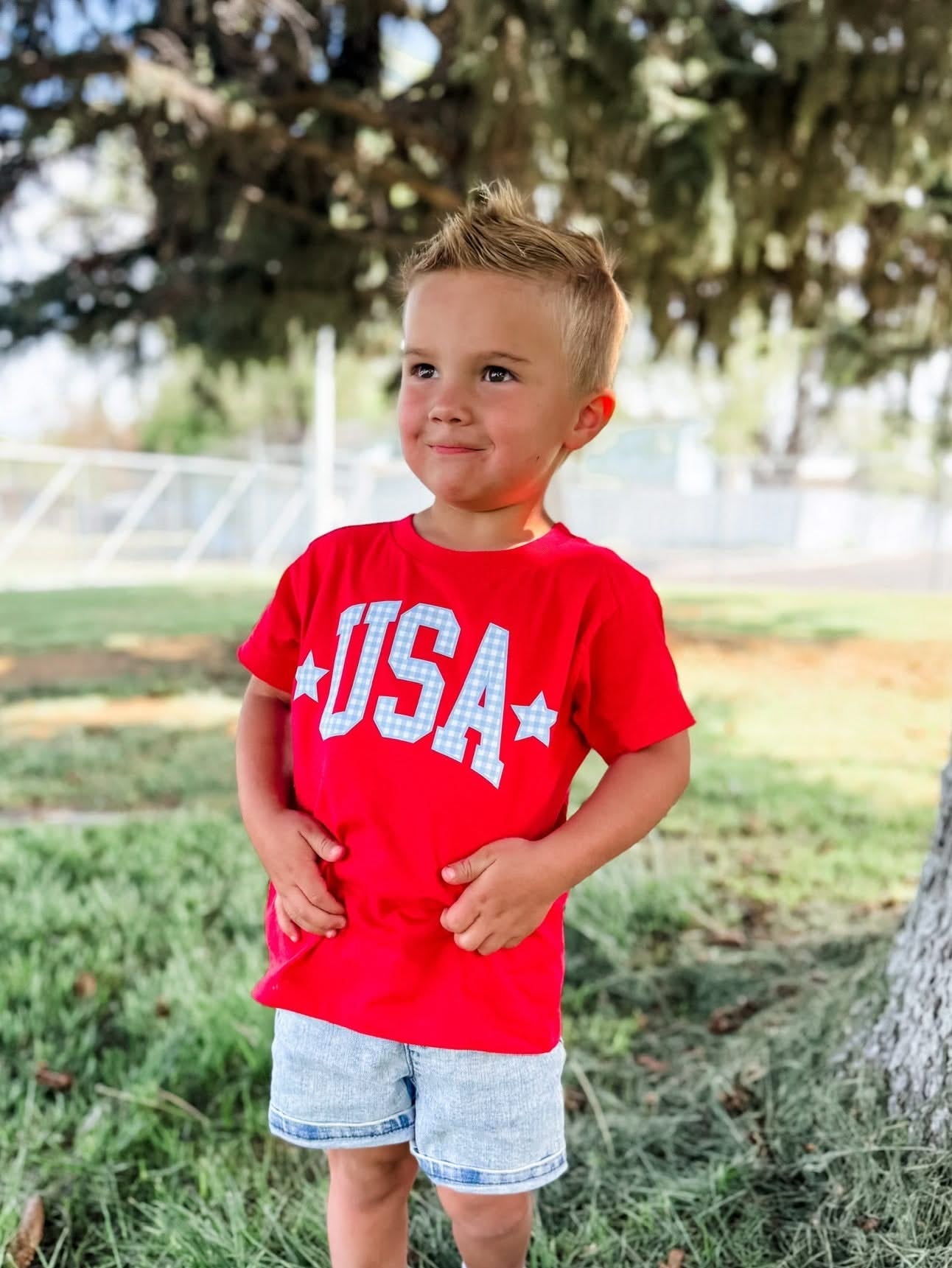 USA Gingham Tee - Child Red White & Blue Patriotic Shirt | Little Mama Shirt Shop Little Mama Shirt Shop