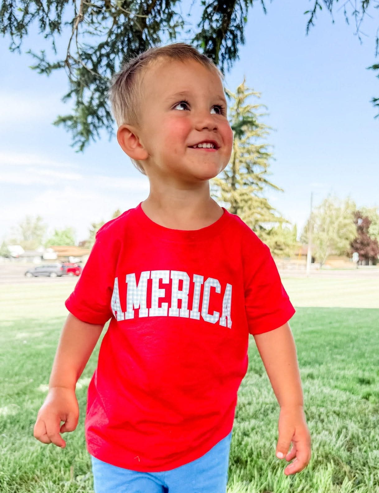 AMERICA Gingham Print Tee - Child Red White & Blue Patriotic Shirt | Little Mama Shirt Shop Little Mama Shirt Shop