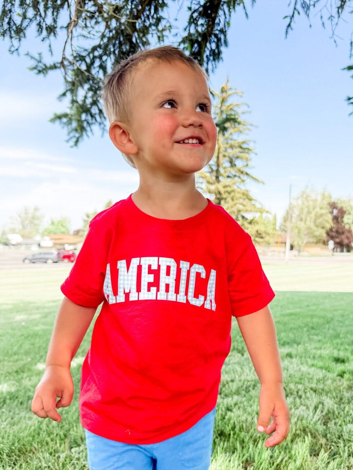 AMERICA Gingham Print Tee - Child Red White & Blue Patriotic Shirt | Little Mama Shirt Shop Little Mama Shirt Shop