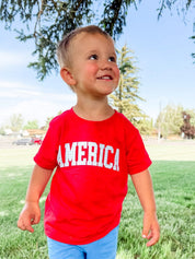 AMERICA Gingham Print Tee - Child Red White & Blue Patriotic Shirt | Little Mama Shirt Shop Little Mama Shirt Shop