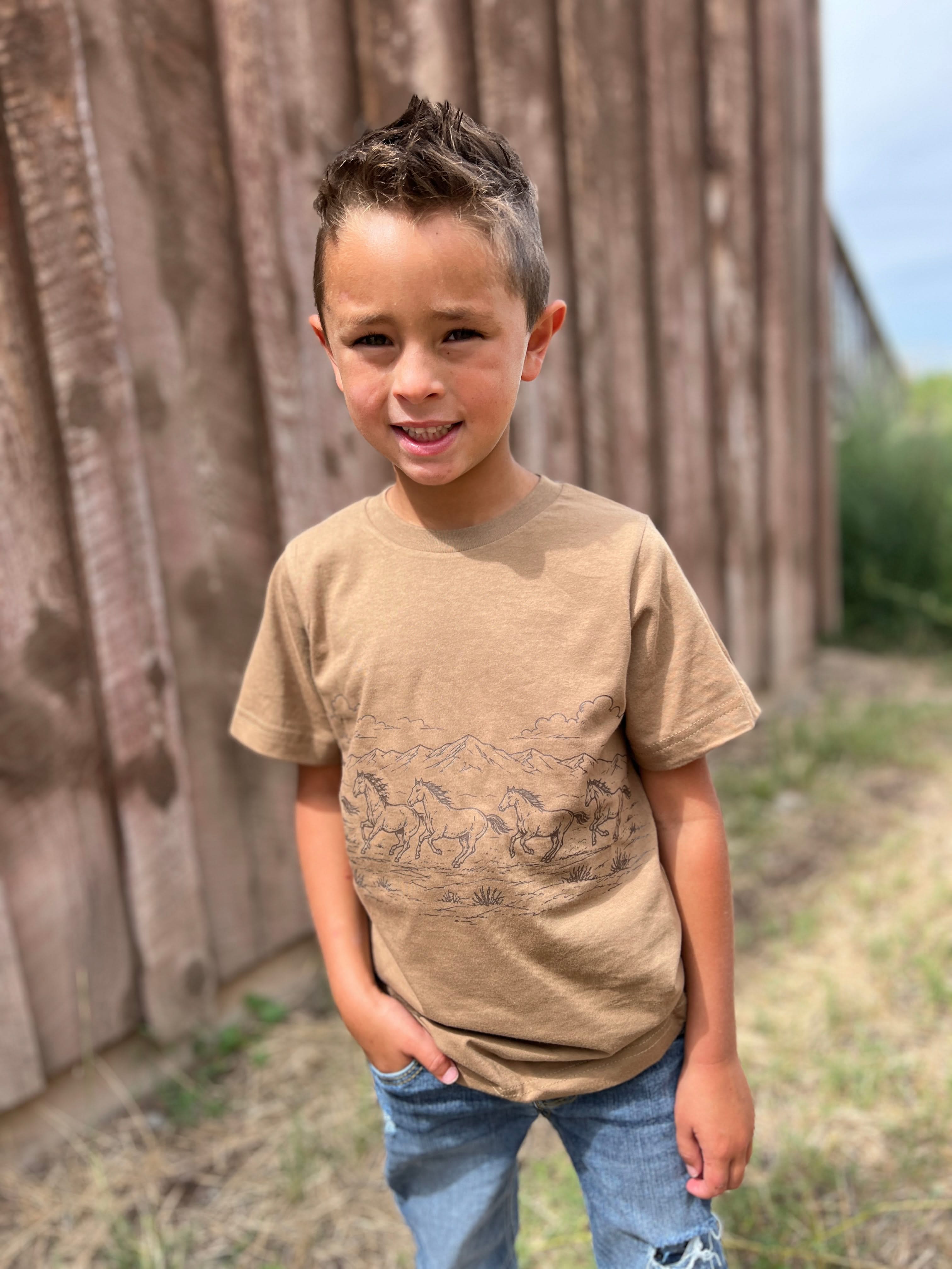 Western Horse Print | Child Tee Coyote Brown | Kids Western Shirt Little Mama Shirt Shop LLC