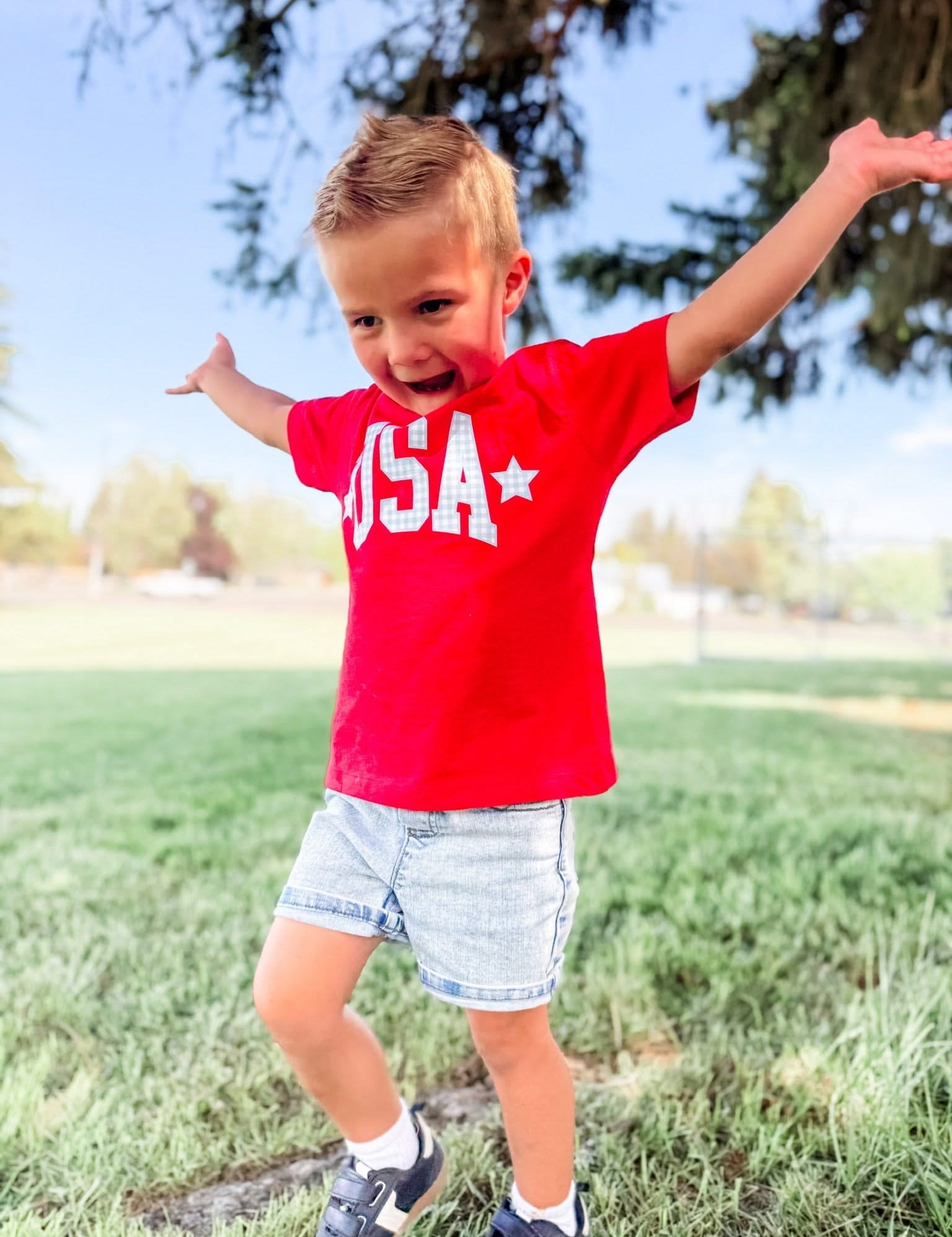 USA Gingham Tee - Child Red White & Blue Patriotic Shirt | Little Mama Shirt Shop Little Mama Shirt Shop