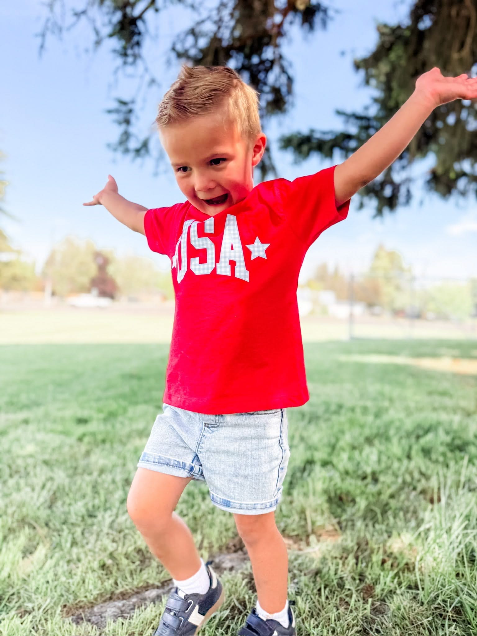 USA Gingham Tee - Child Red White & Blue Patriotic Shirt | Little Mama Shirt Shop Little Mama Shirt Shop