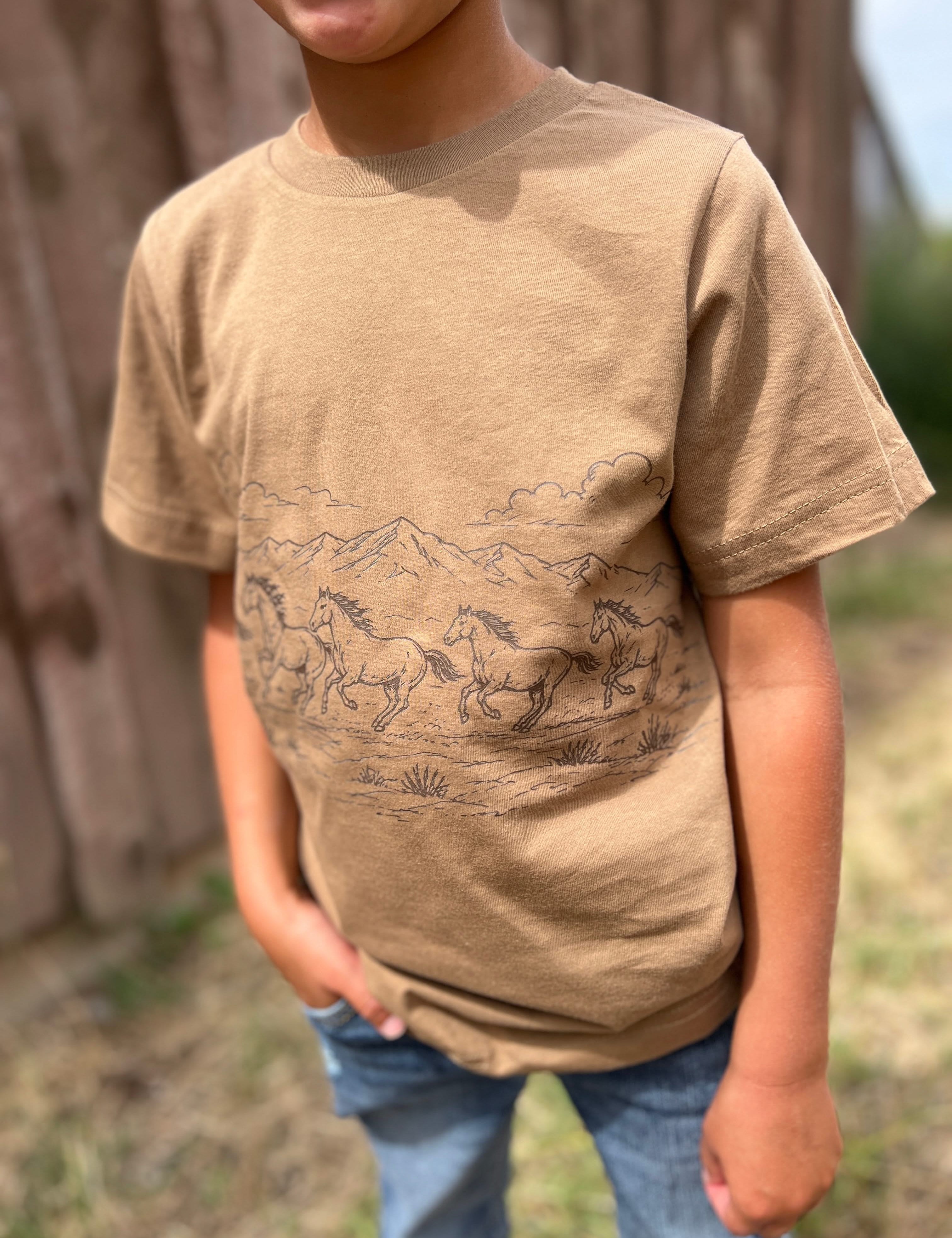 Western Horse Print | Child Tee Coyote Brown | Kids Western Shirt Little Mama Shirt Shop LLC