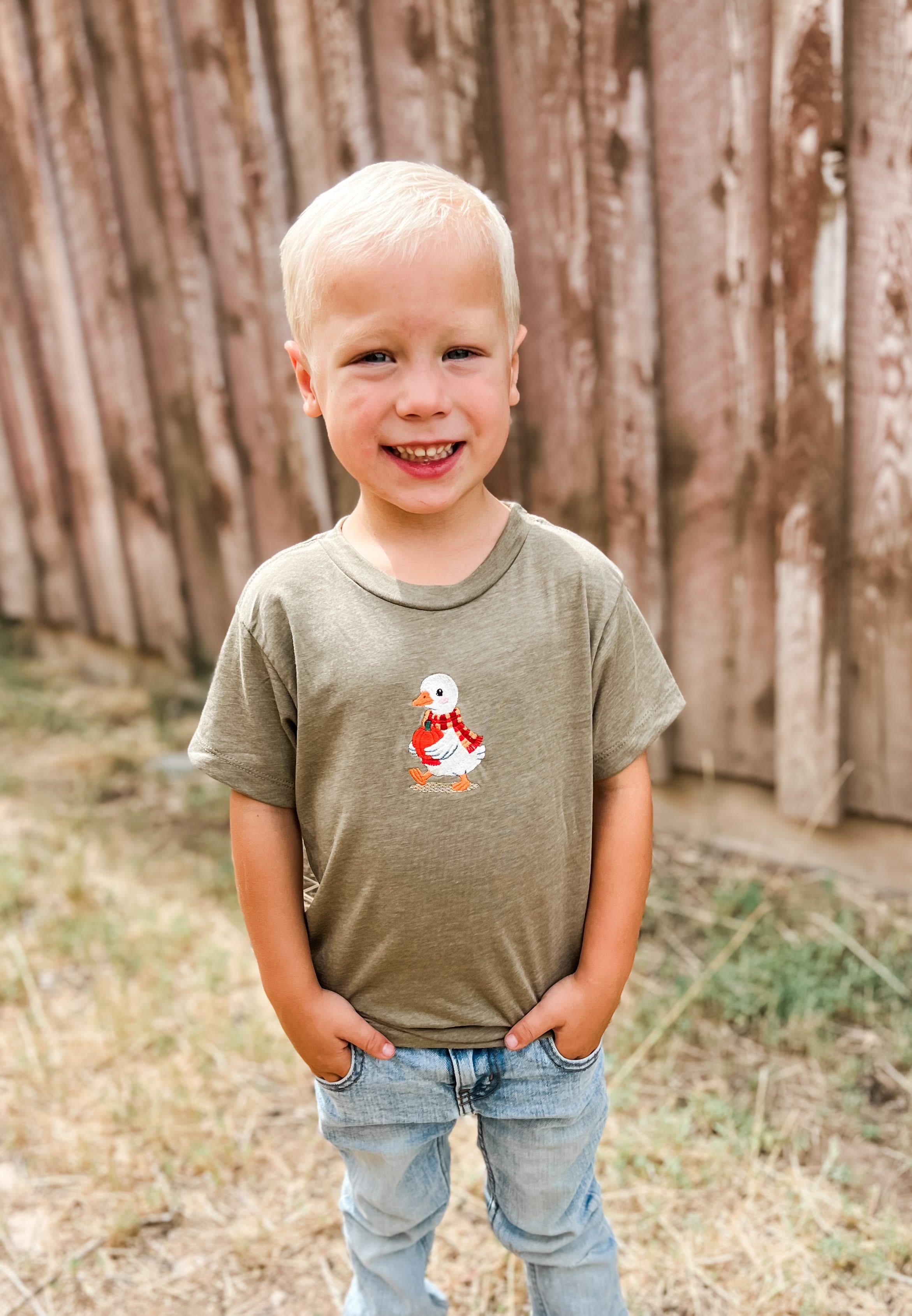 Autumn Duck with Pumpkin | Child Embroidered Tee | Kids Fall Shirt Little Mama Shirt Shop LLC