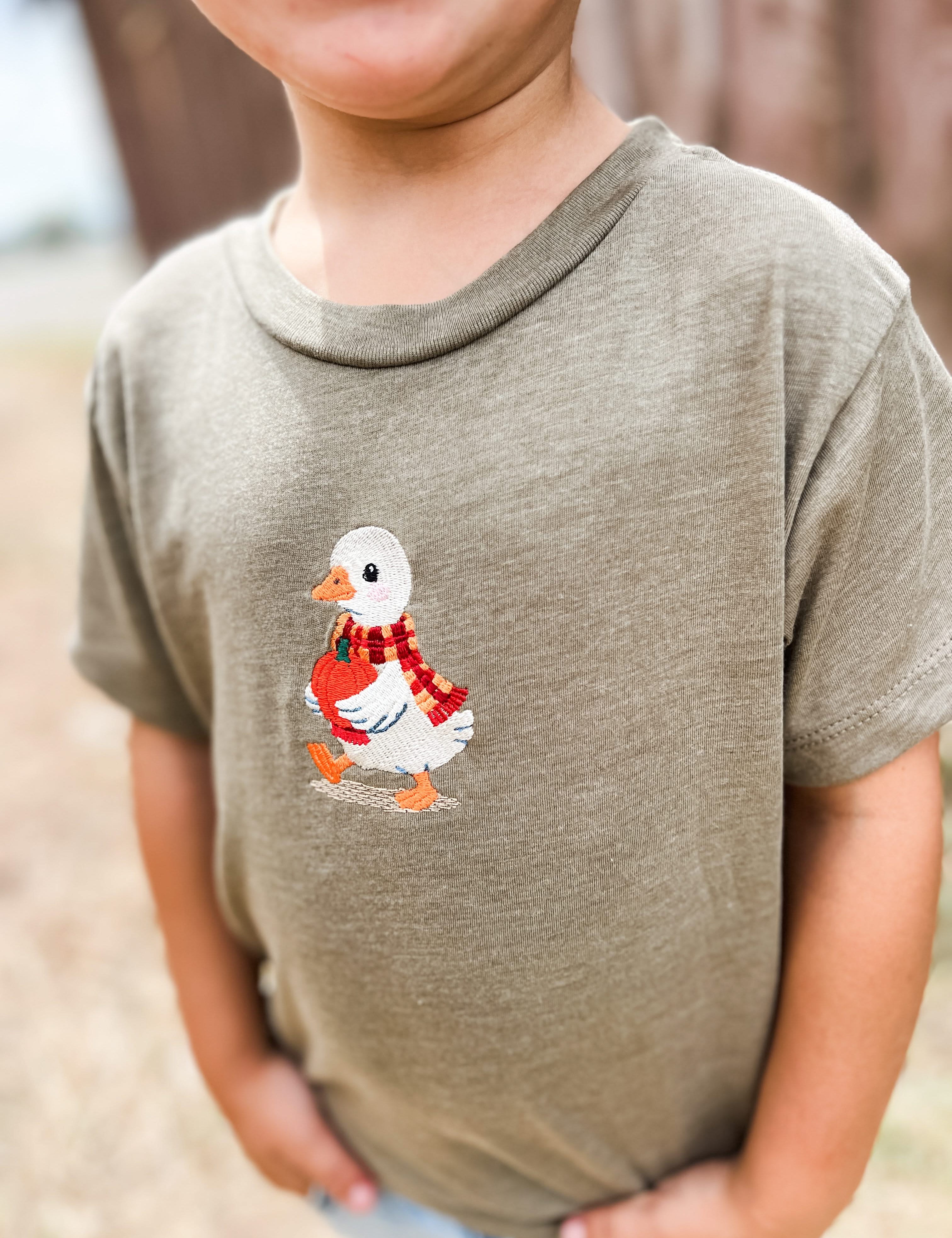 Autumn Duck with Pumpkin | Child Embroidered Tee | Kids Fall Shirt Little Mama Shirt Shop LLC