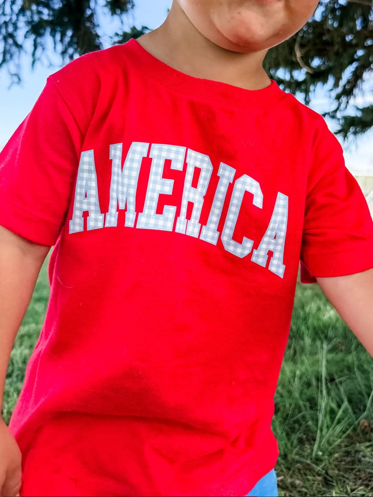 AMERICA Gingham Print Tee - Child Red White & Blue Patriotic Shirt | Little Mama Shirt Shop Little Mama Shirt Shop