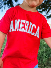 AMERICA Gingham Print Tee - Child Red White & Blue Patriotic Shirt | Little Mama Shirt Shop Little Mama Shirt Shop
