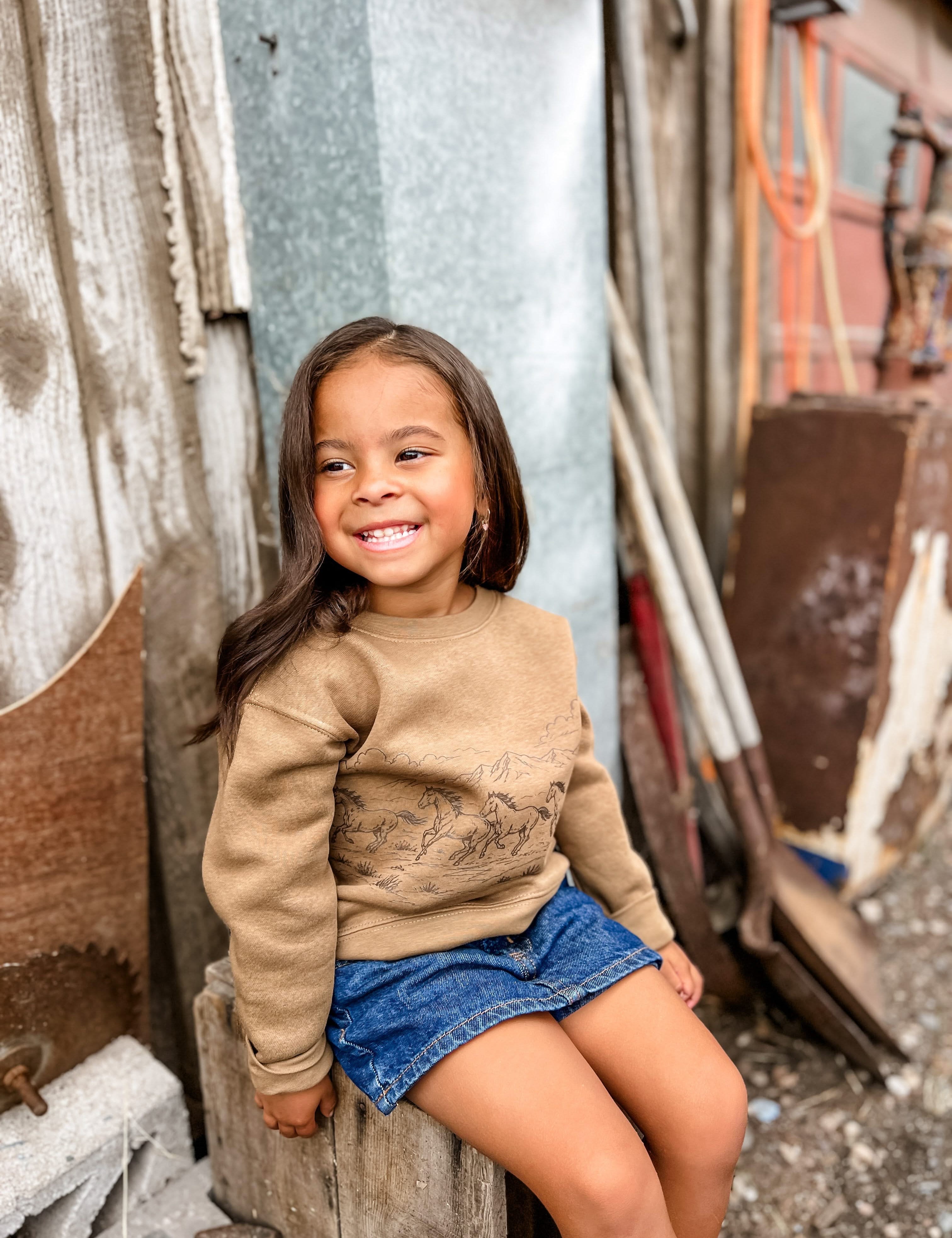 Western Horse Print | Child Crewneck Sweatshirt | Kids Western Pullover Little Mama Shirt Shop LLC