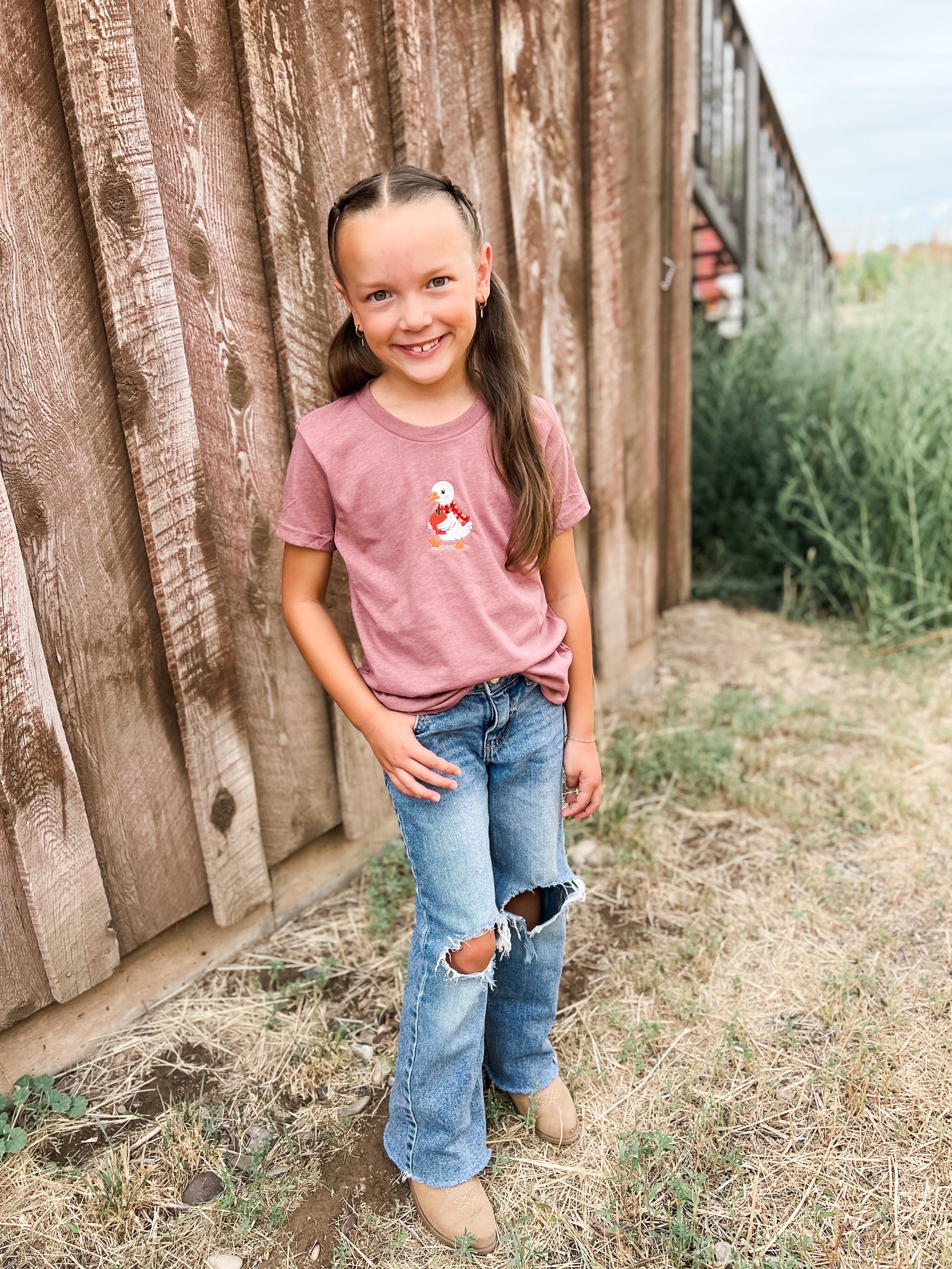 Autumn Duck with Pumpkin | Child Embroidered Tee | Kids Fall Shirt Little Mama Shirt Shop LLC