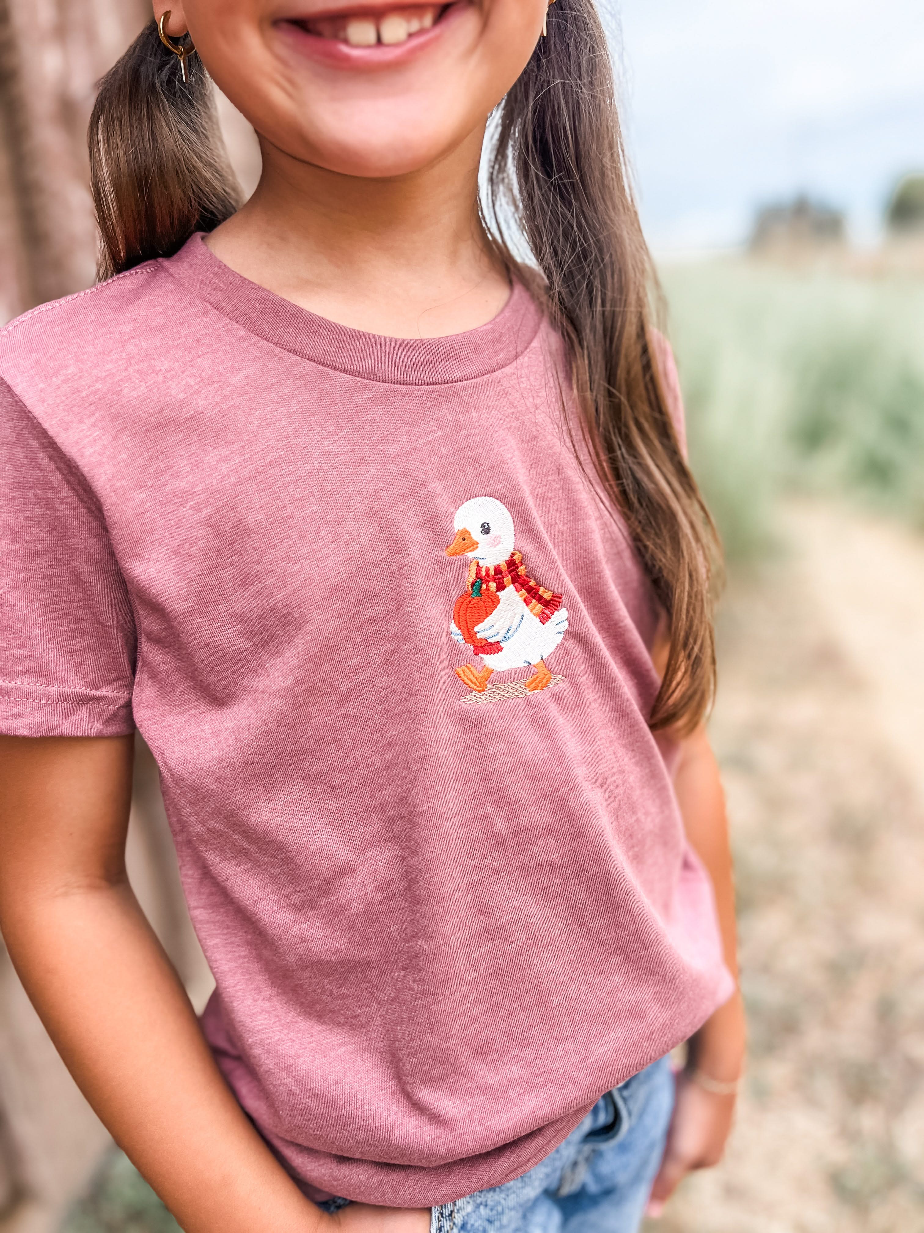 Autumn Duck with Pumpkin | Child Embroidered Tee | Kids Fall Shirt Little Mama Shirt Shop LLC