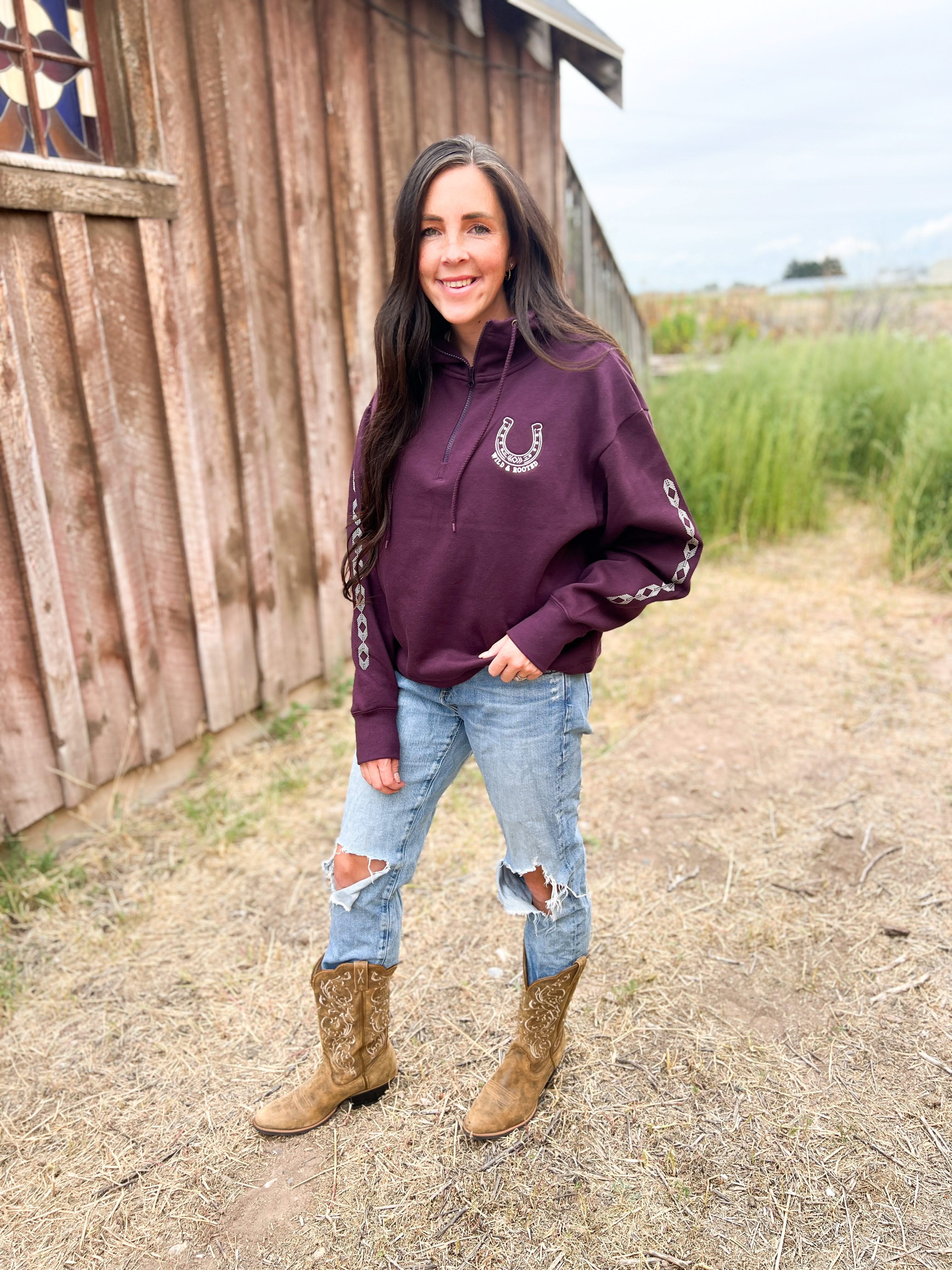 Wild and Rooted Embroidered Quarter-Zip | Adult Boxy Hooded Sweatshirt | Western Fall Little Mama Shirt Shop LLC