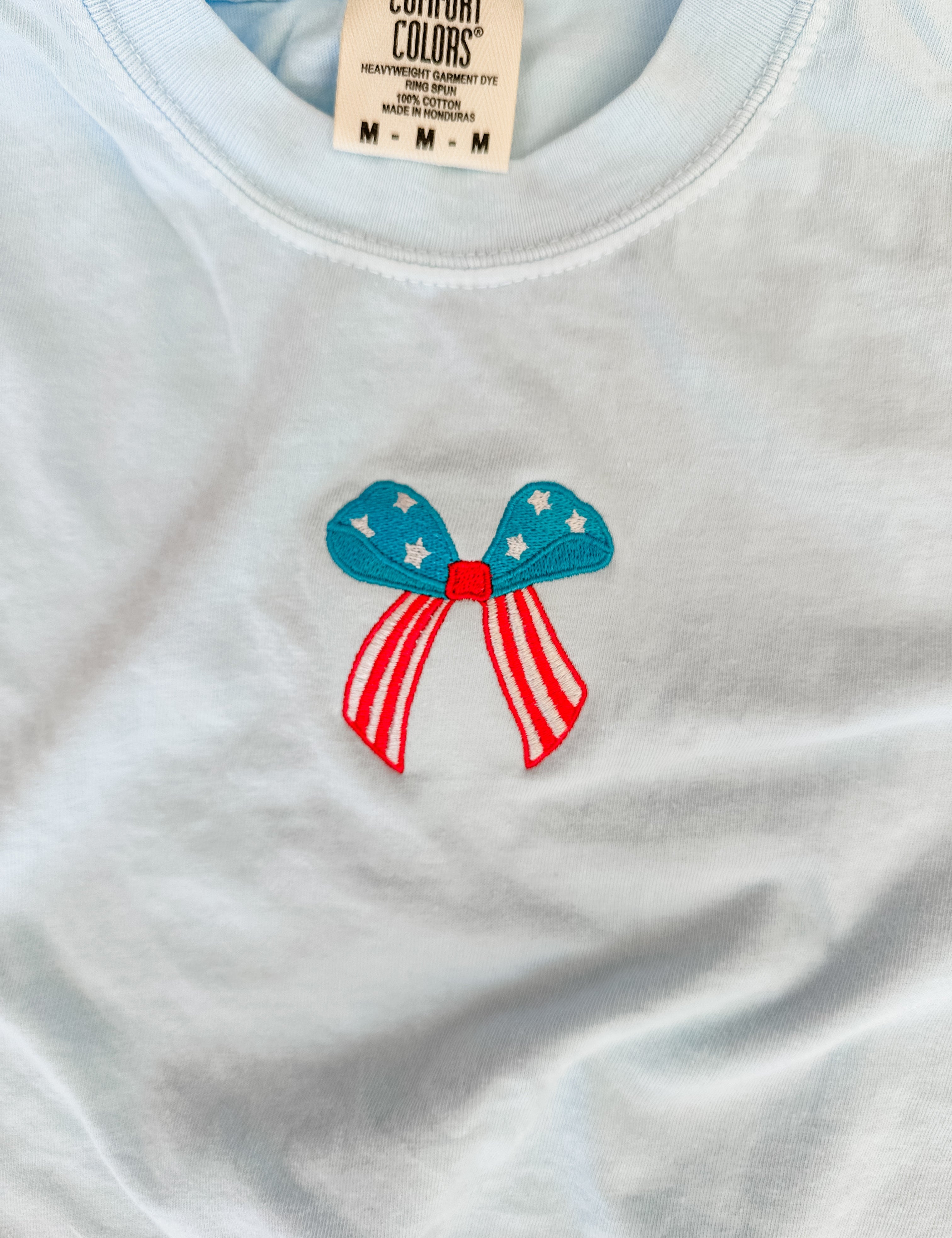 Embroidered Comfort Colors Tee - Patriotic Bow (center) Little Mama Shirt Shop
