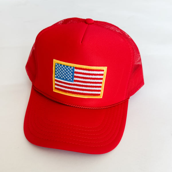 Adult Size Patch Trucker Hat - Red w/ Classic American Flag