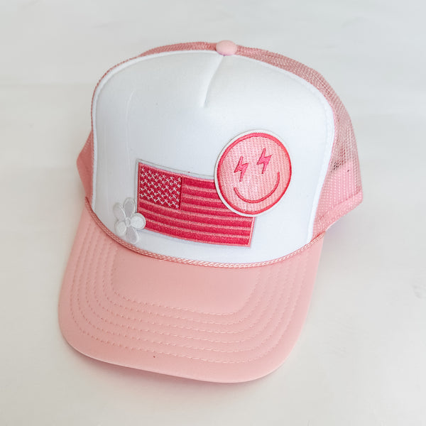 Adult Size Patch Trucker Hat - Pink Flag Smiley Flower