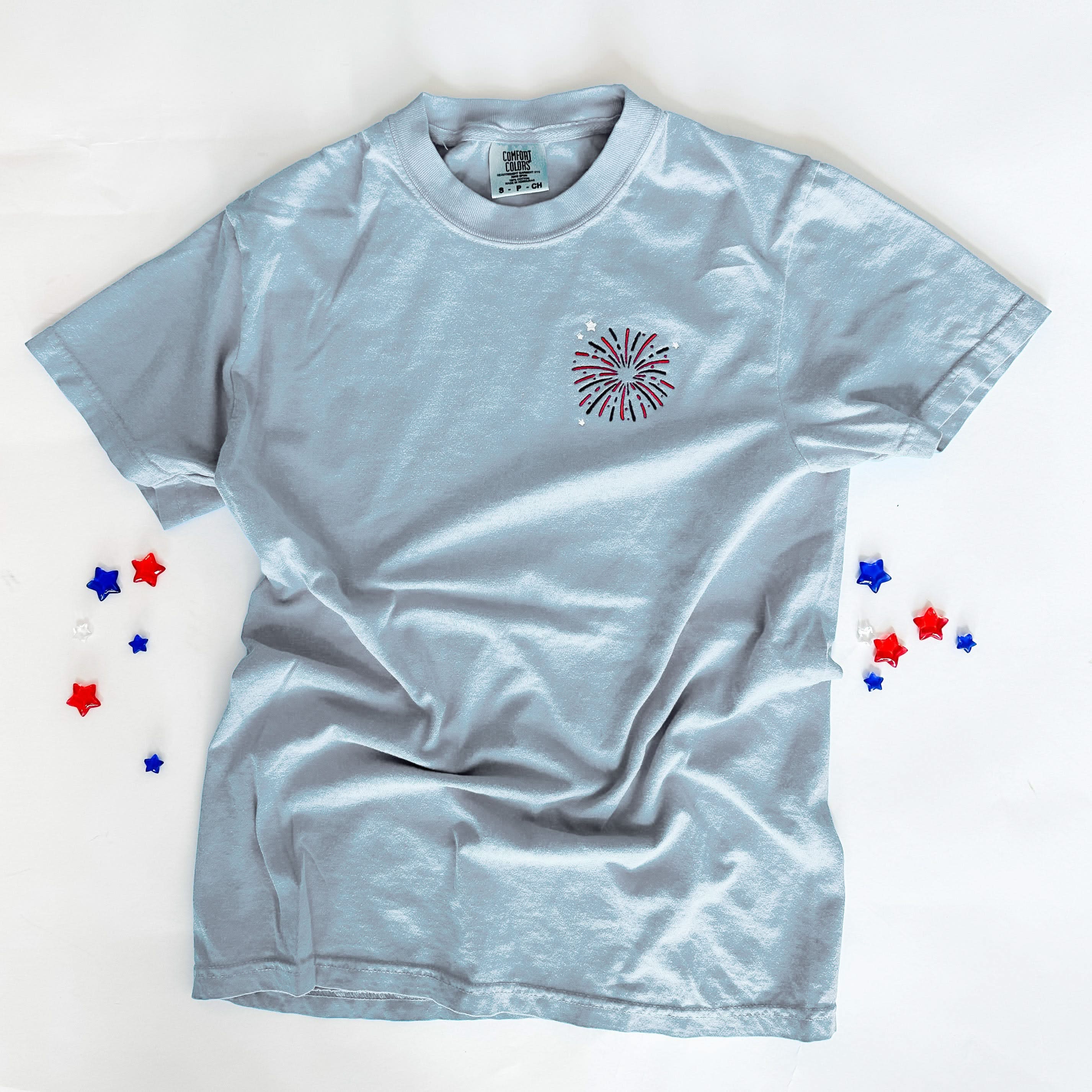 Embroidered Comfort Colors Tee -  Fourth of July Fireworks (pocket) Little Mama Shirt Shop