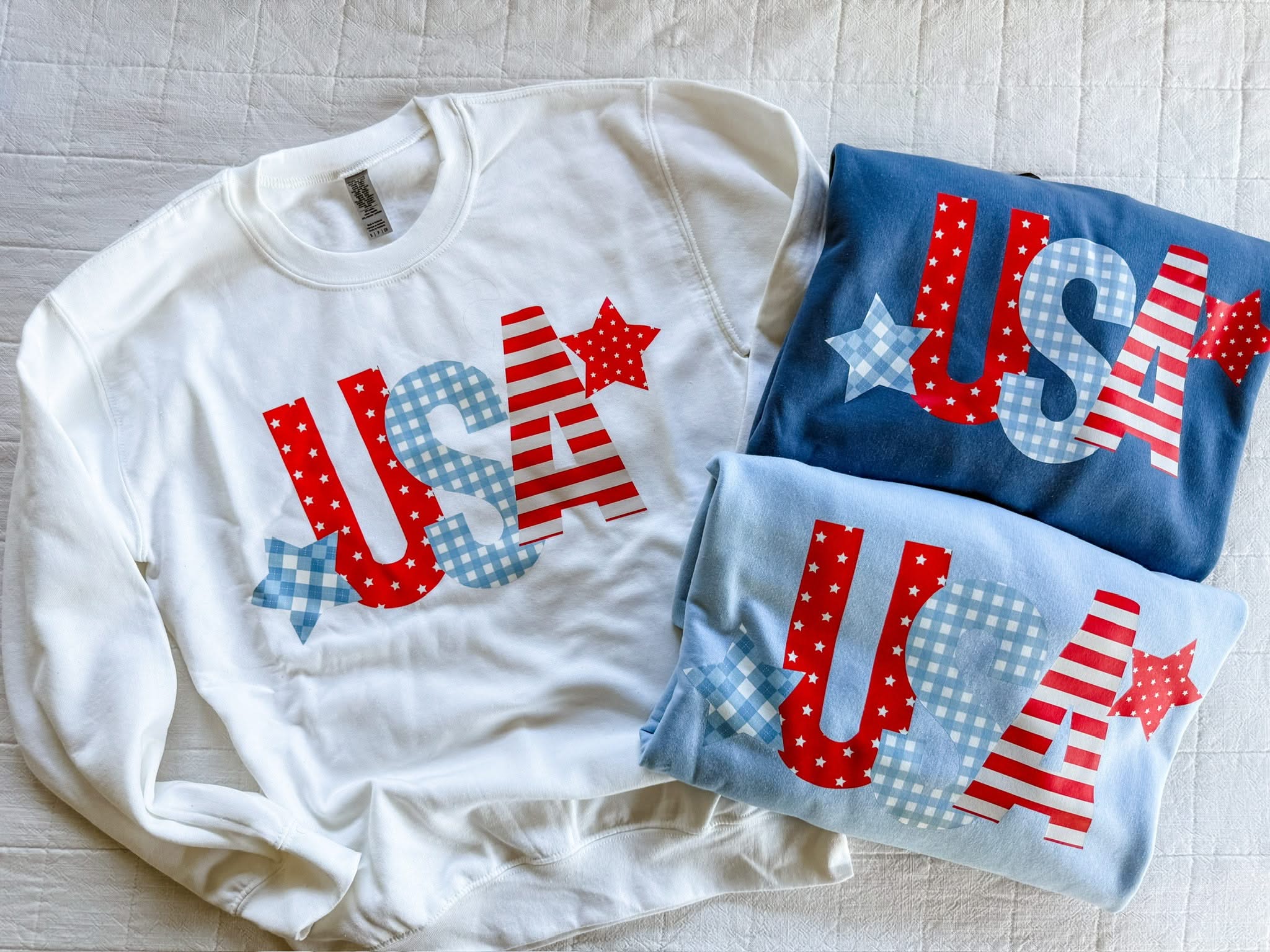 USA Patchwork Patriotic Crewneck Sweatshirt – Adult Basic Fleece | Little Mama Shirt Shop Little Mama Shirt Shop LLC