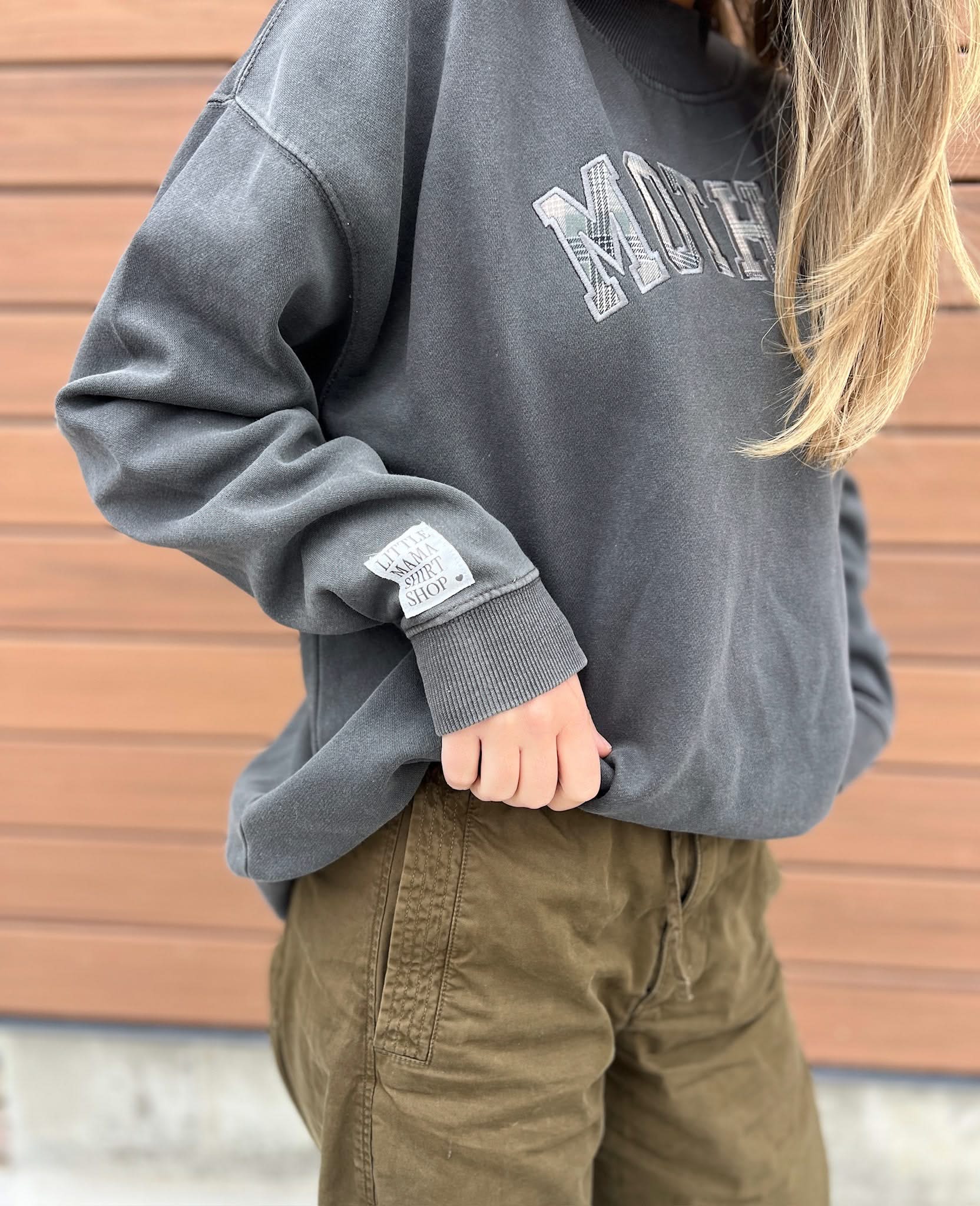 'Mother' Mock-neck | Sage Plaid Applique Embroidery | Fall Sweater Little Mama Shirt Shop LLC