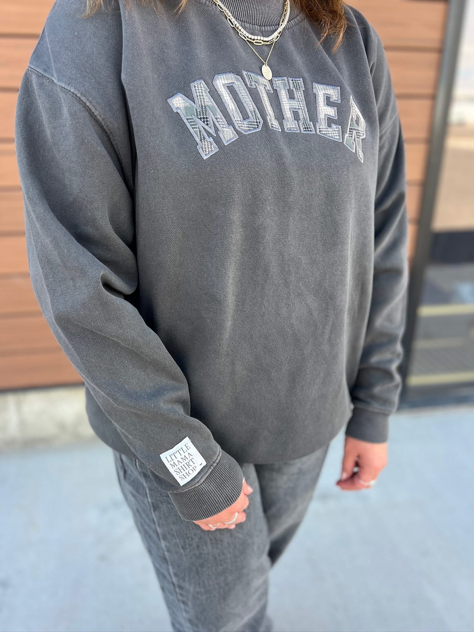 'Mother' Mock-neck | Sage Plaid Applique Embroidery | Fall Sweater Little Mama Shirt Shop LLC