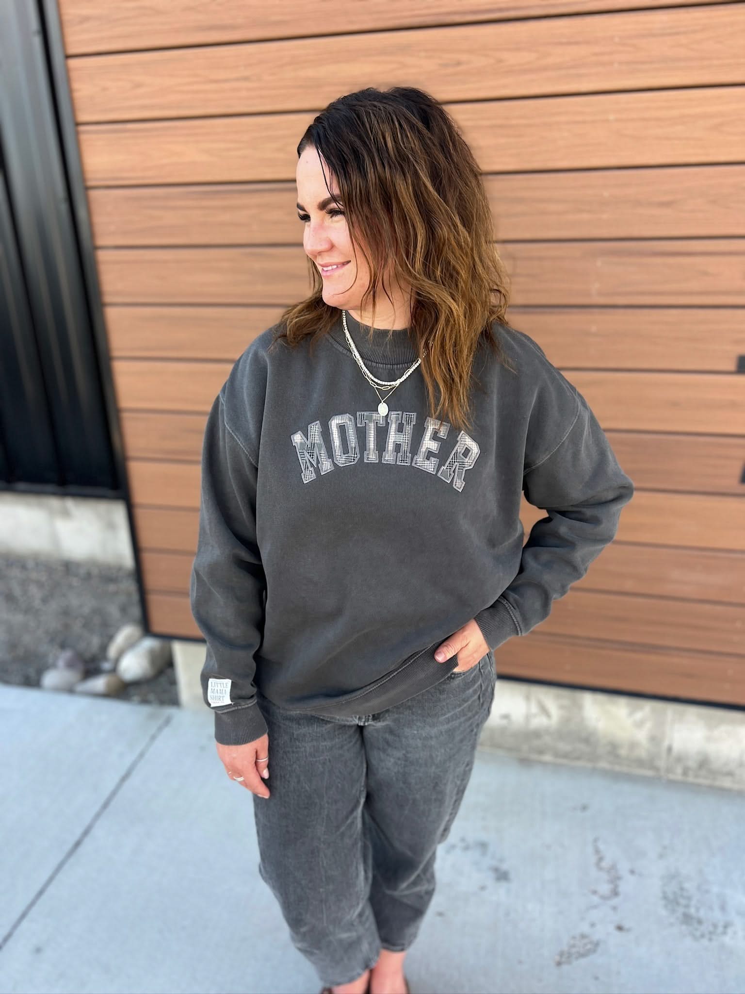 'Mother' Mock-neck | Sage Plaid Applique Embroidery | Fall Sweater Little Mama Shirt Shop LLC