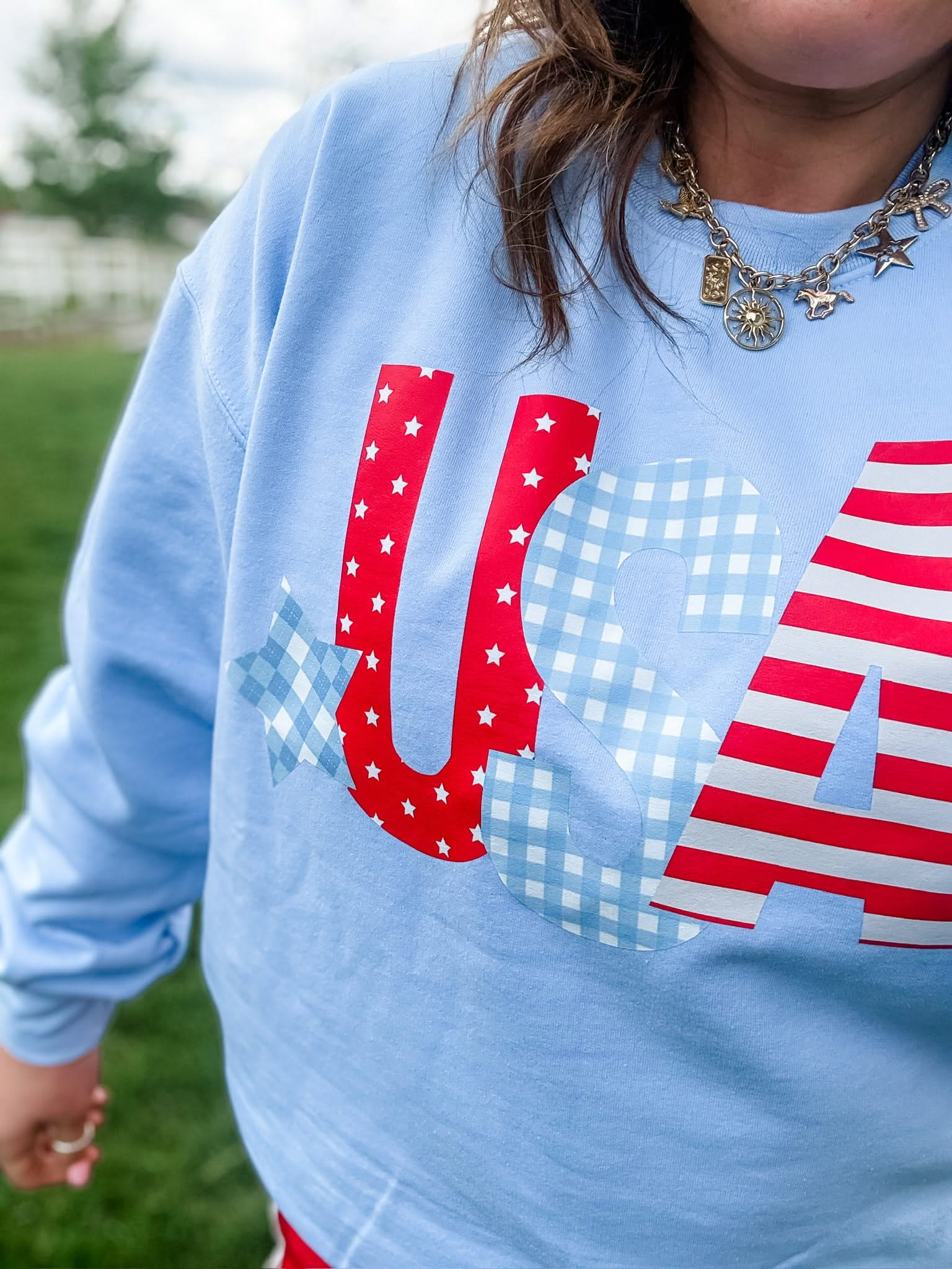 USA Patchwork Patriotic Crewneck Sweatshirt – Adult Basic Fleece | Little Mama Shirt Shop Little Mama Shirt Shop LLC