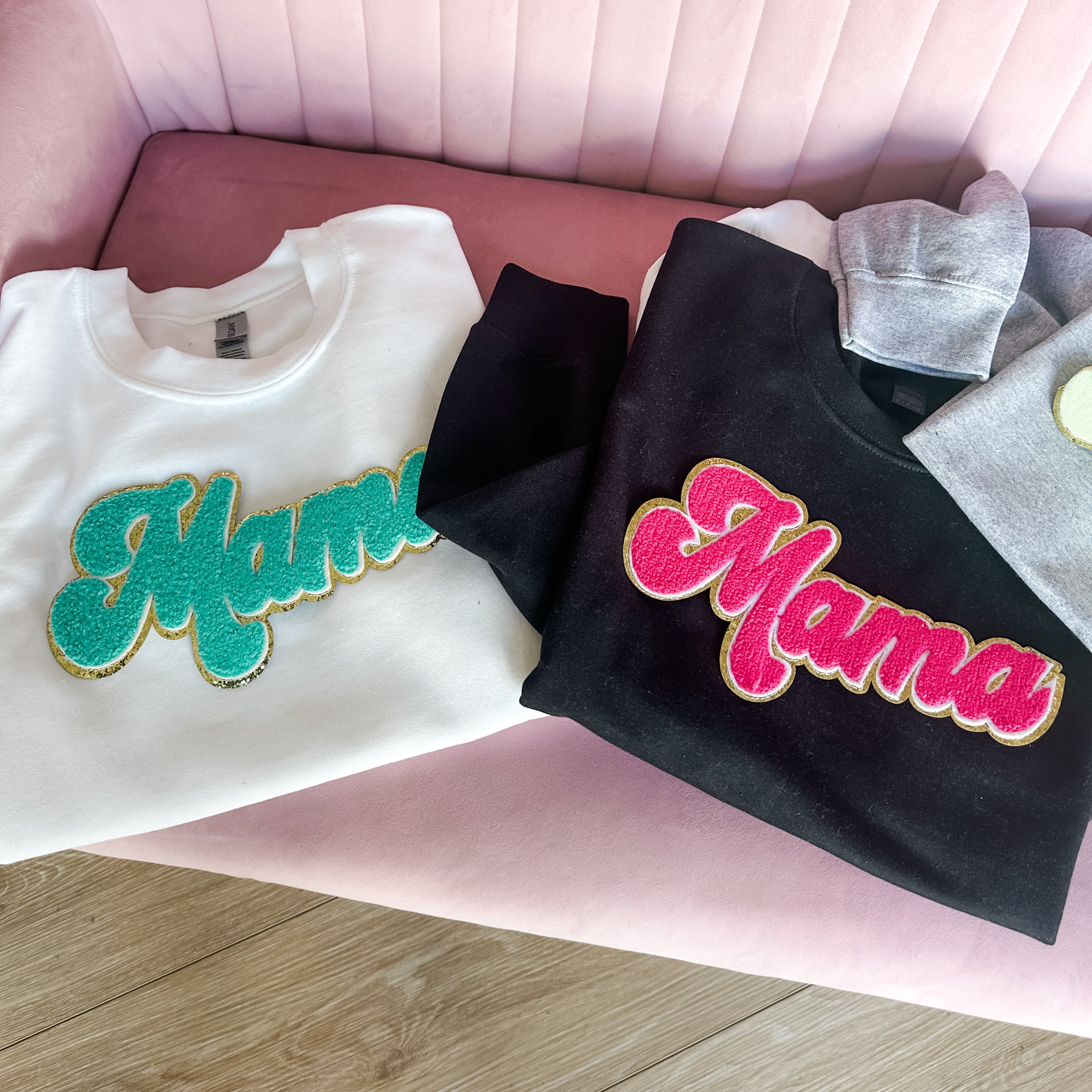 Holiday Sparkle N' Shine MAMA  - Chenille Patch Basic Fleece Little Mama Shirt Shop LLC