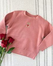 Child mauvelous sweater with valentine's teddy Embroidery on front, shown on flat lay  – Little Mama Shirt Shop