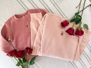 Child mauvelous and Adult pink sweaters with valentine's teddy Embroidery on front, shown on flat lay  – Little Mama Shirt Shop