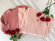 Child mauvelous and adult pink sweater with valentine's teddy Embroidery on front, shown on flat lay  – Little Mama Shirt Shop
