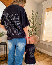 Adult and Child tee in black with "Little Love Club" and "Mom Love Club" bubble letter text design on back, shown on models – Little Mama Shirt Shop