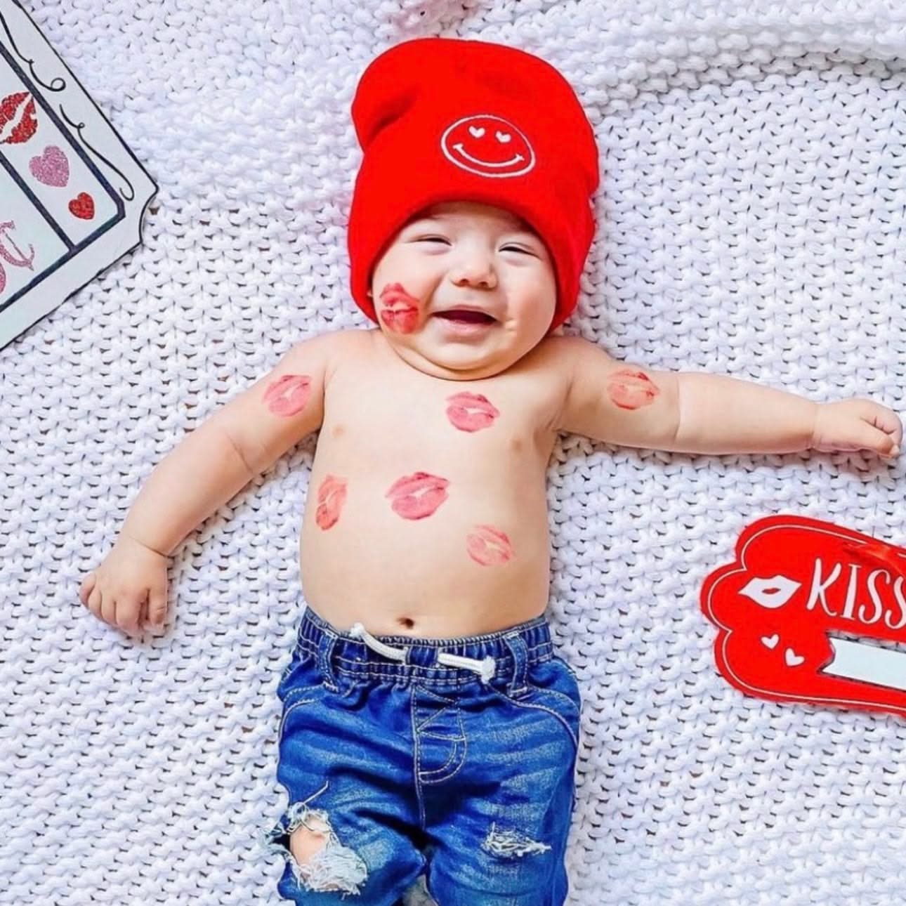 Child Beanie - Heart Eye Smiley - Bright Red w/ White Little Mama Shirt Shop LLC