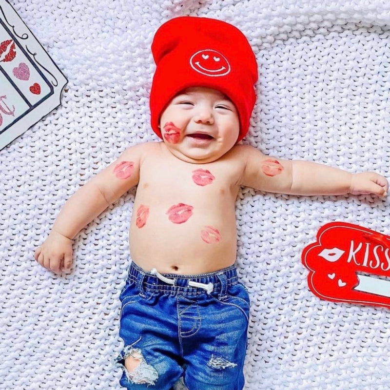 Child Beanie - Heart Eye Smiley - Bright Red w/ White