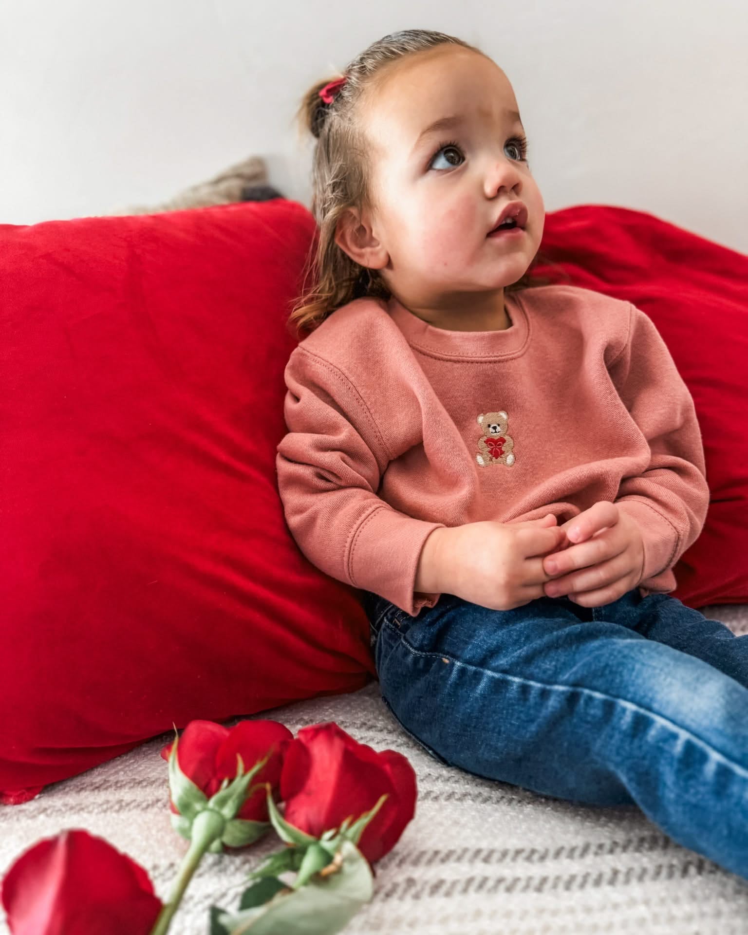 Child mauvelous sweater with valentine's teddy Embroidery on front, shown on model  – Little Mama Shirt Shop