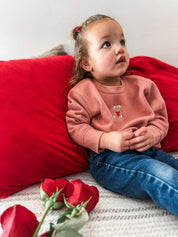 Child mauvelous sweater with valentine's teddy Embroidery on front, shown on model  – Little Mama Shirt Shop