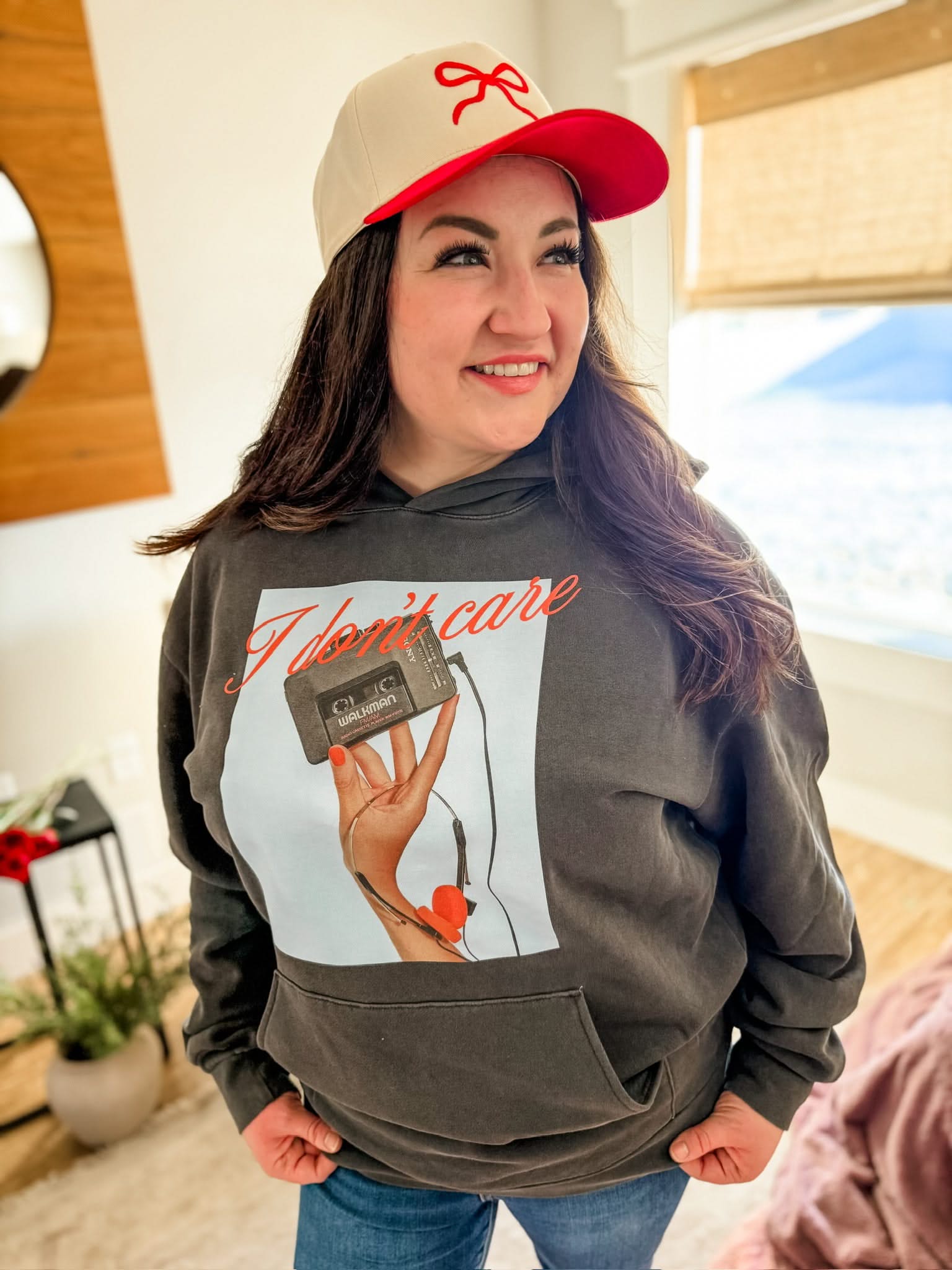 Adult cream and red hat with Red Puff Bow Embroidery on front, shown on model – Little Mama Shirt Shop